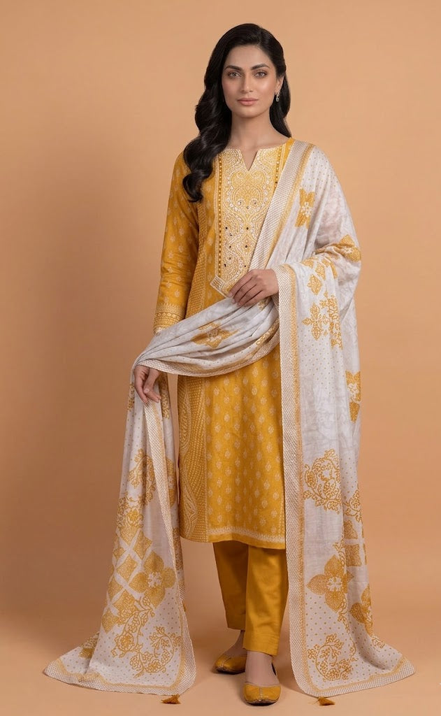 Luxe Yellow Muslin Unstitched suit