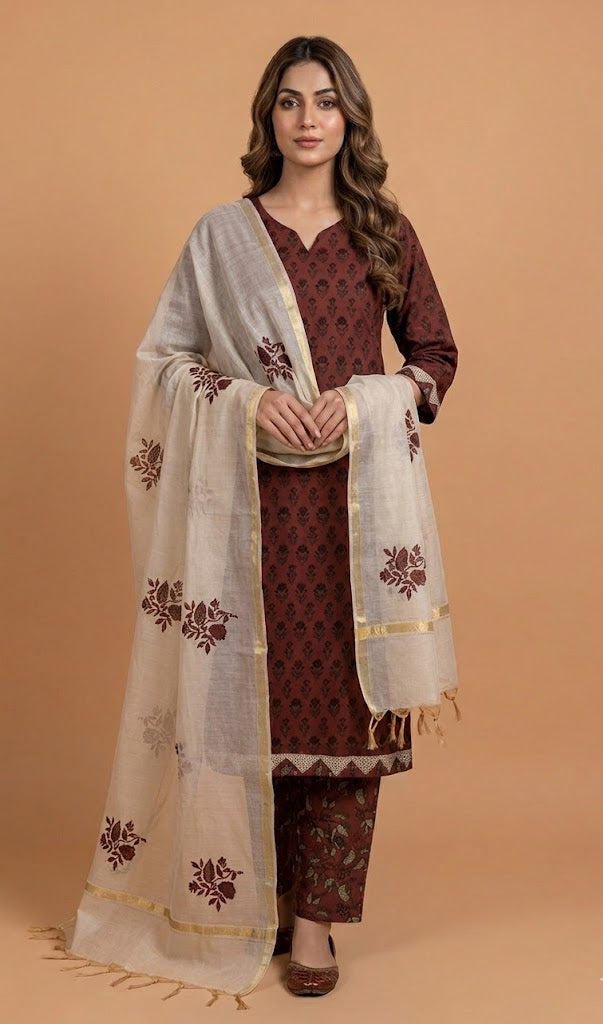 Roze Maroon Cotton Unstitched suit set