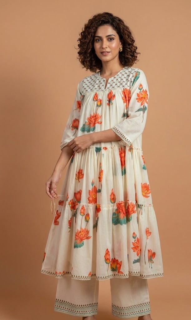 Afreen White with Orange A-Line Readymade Set