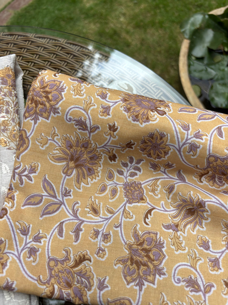 Linen Chanderi Yellow Unstitched Suit Set Sterling House