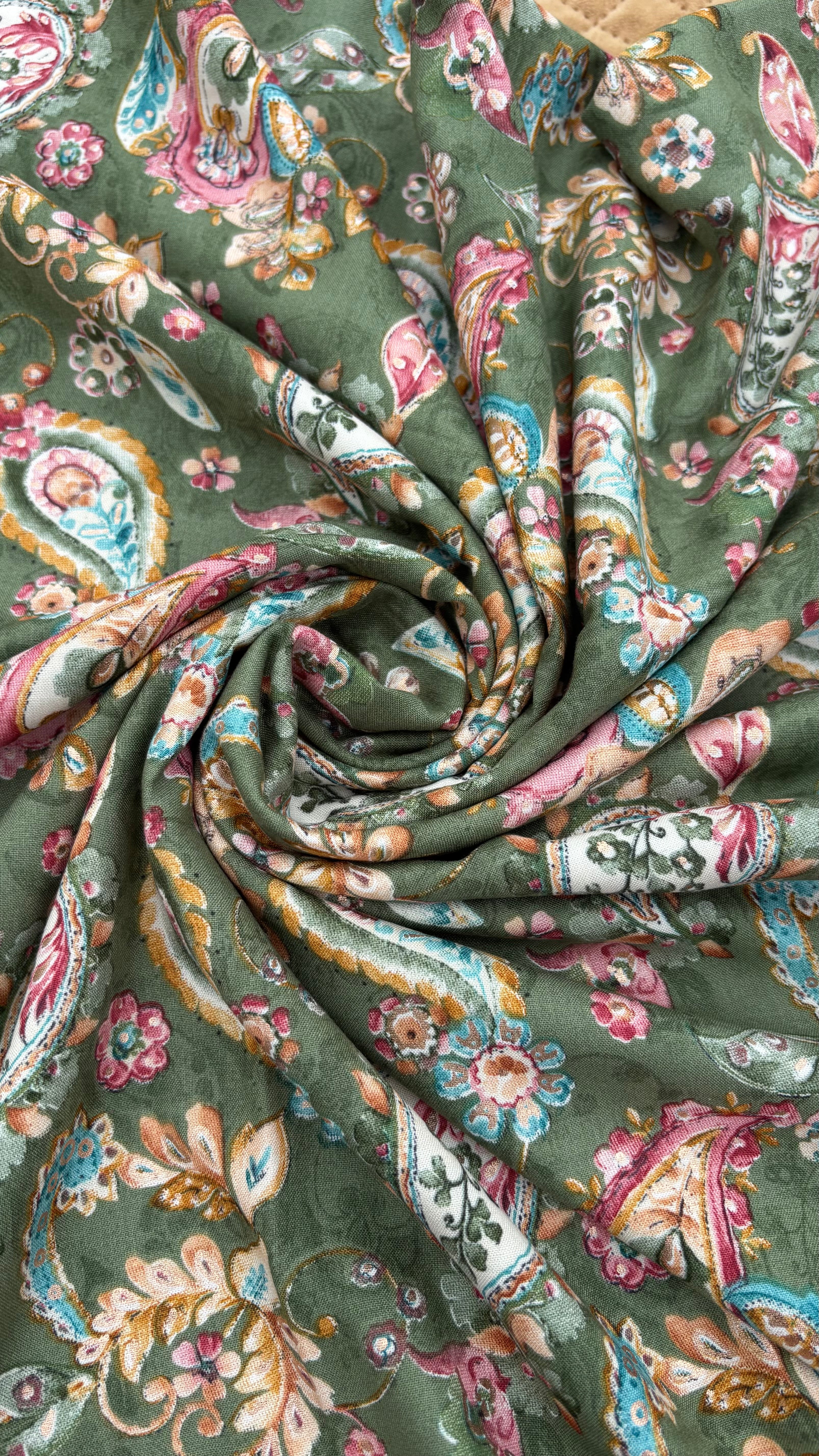 Green Rayon Cotton Foil Printed Fabric Sterling House