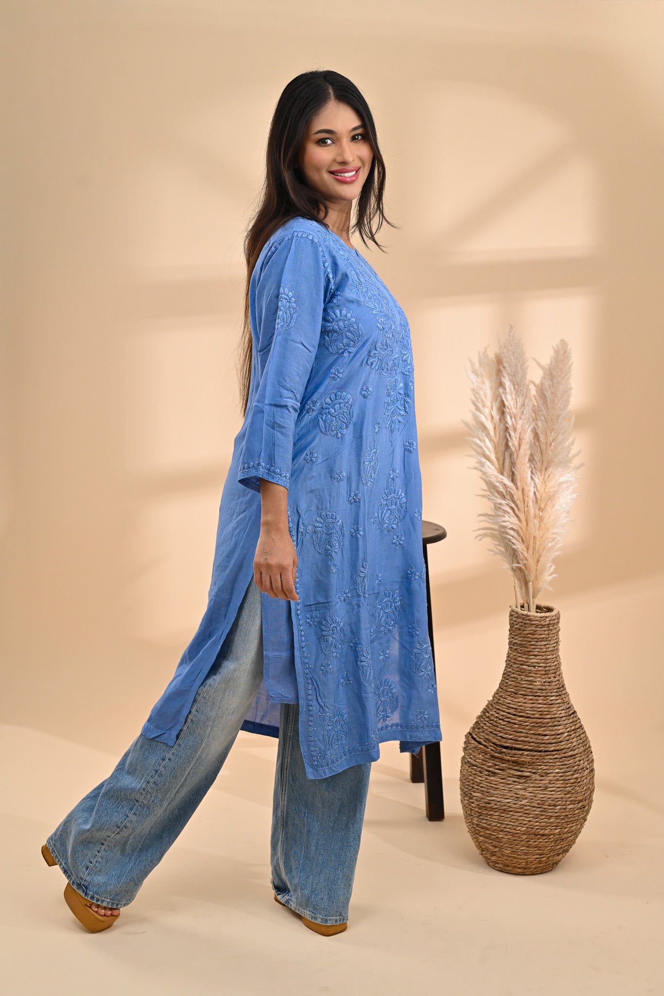 Blue Modal Chikankari Readymade Kurta Sterling House