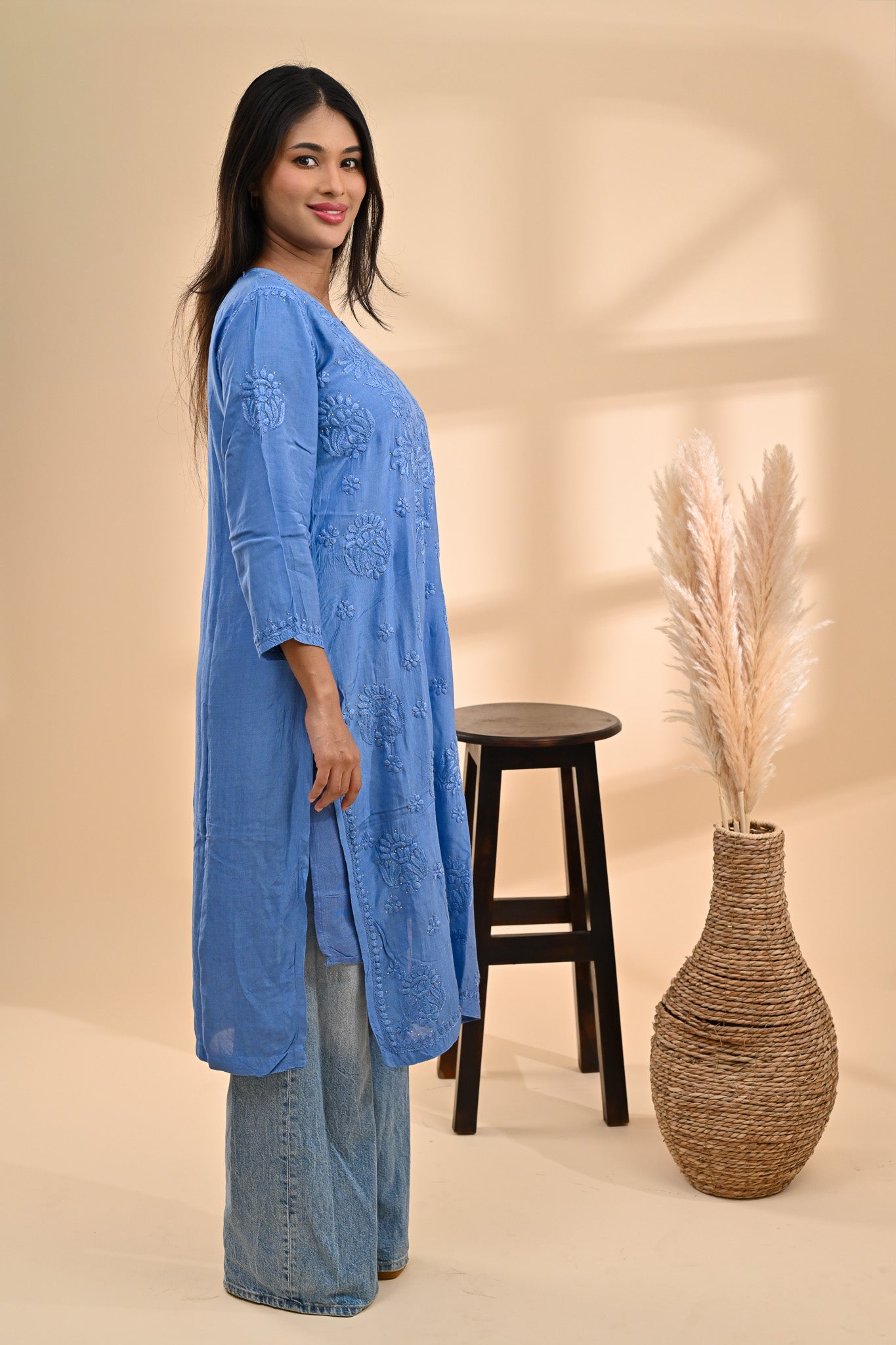 Blue Modal Chikankari Readymade Kurta Sterling House