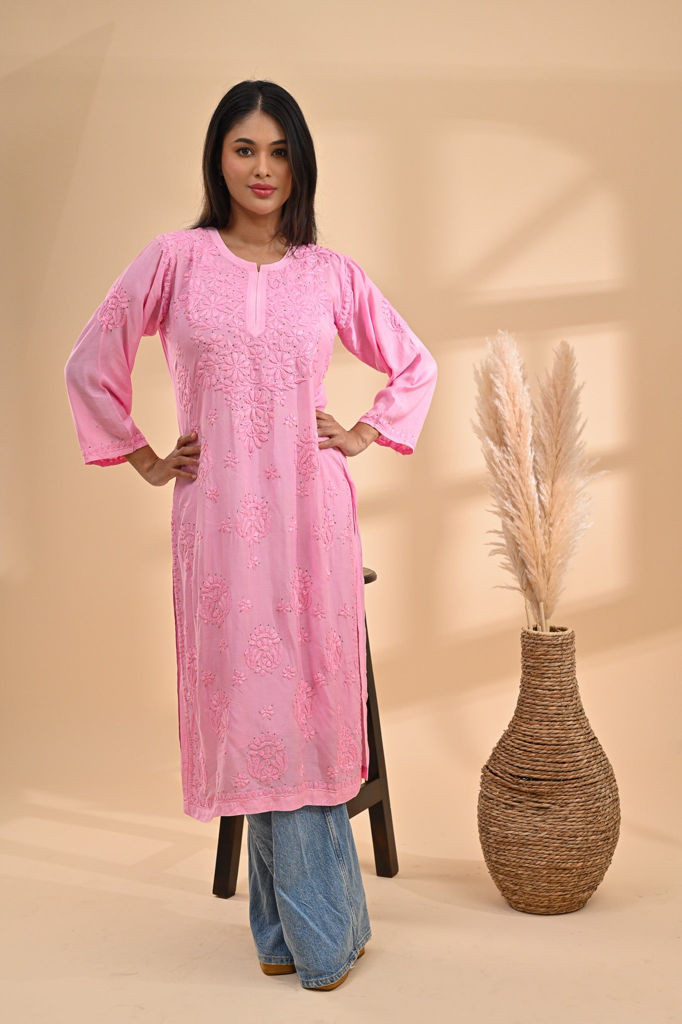 Pink Modal Chikankari Readymade Kurta Sterling House