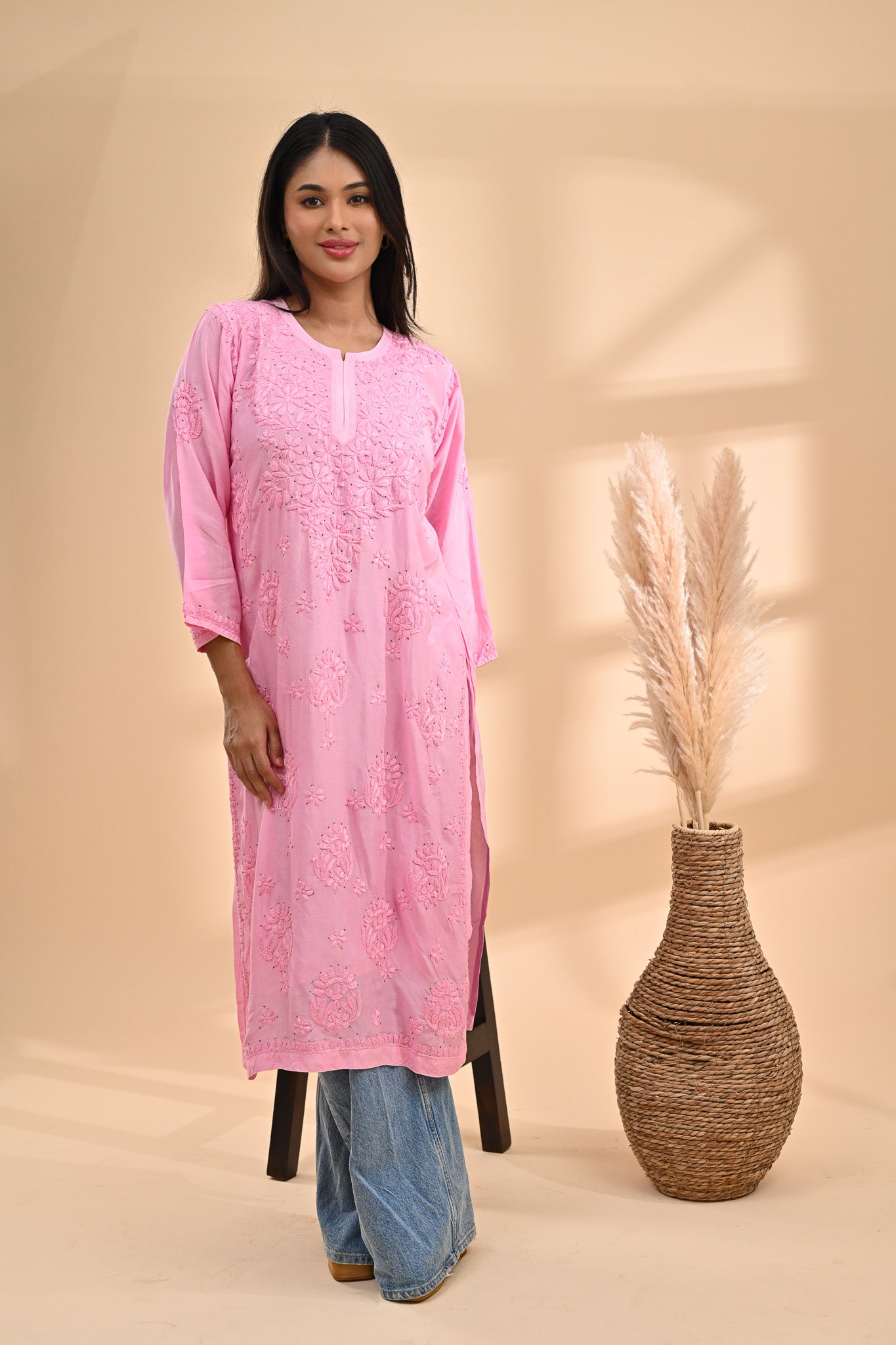 Pink Modal Chikankari Readymade Kurta Sterling House