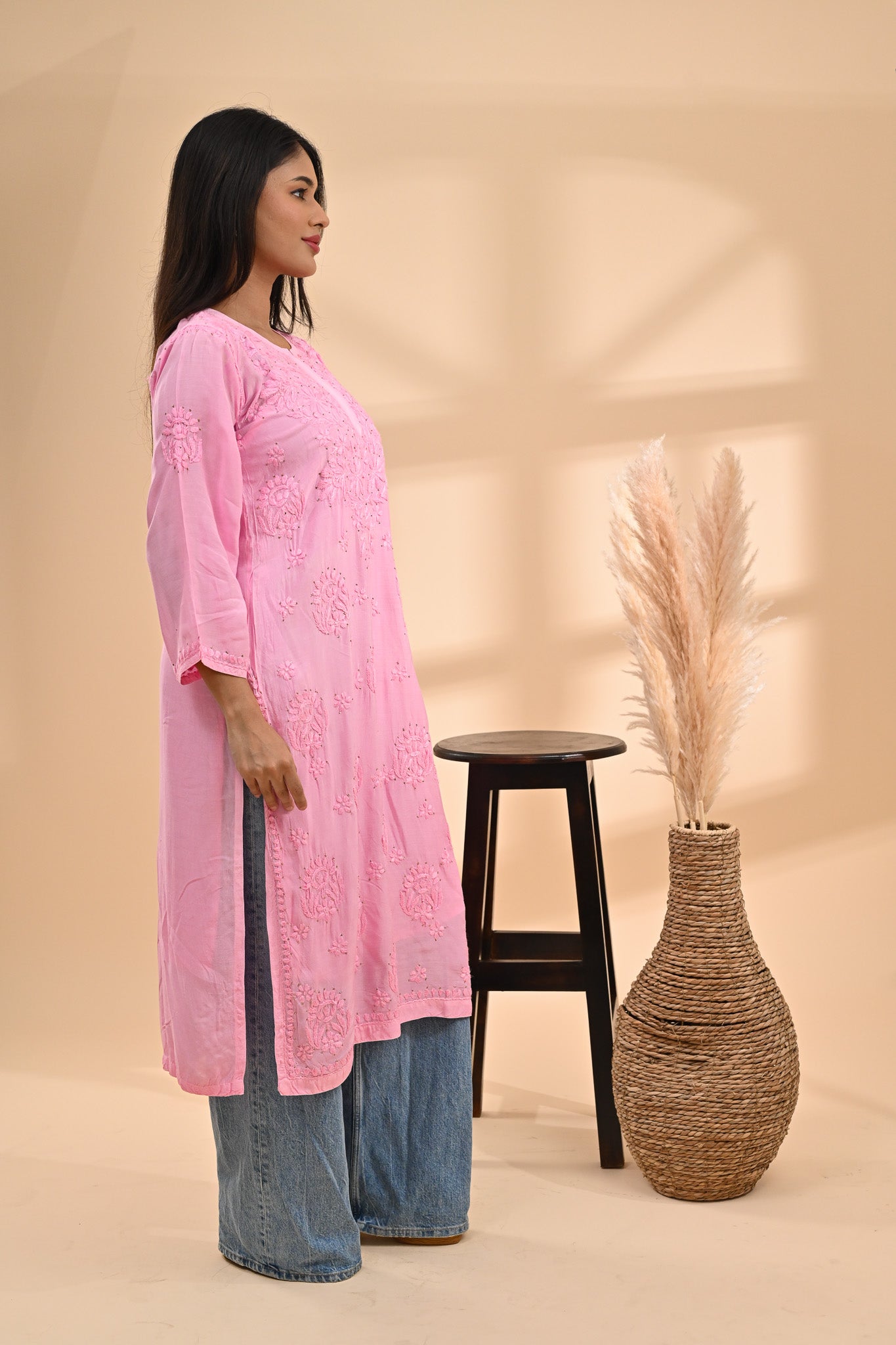 Pink Modal Chikankari Readymade Kurta Sterling House