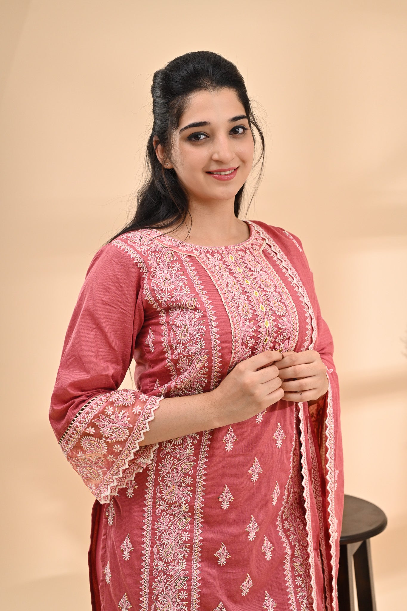 Rose-Pink Cotton Chikankari Readymade Set Sterling House