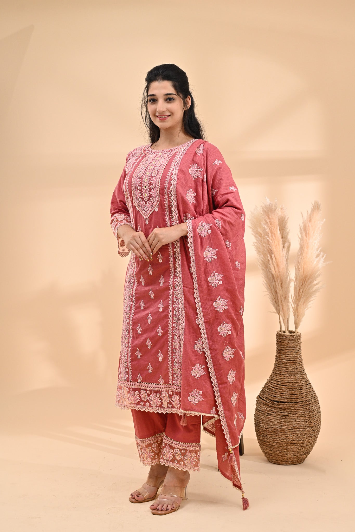 Rose-Pink Cotton Chikankari Readymade Set Sterling House