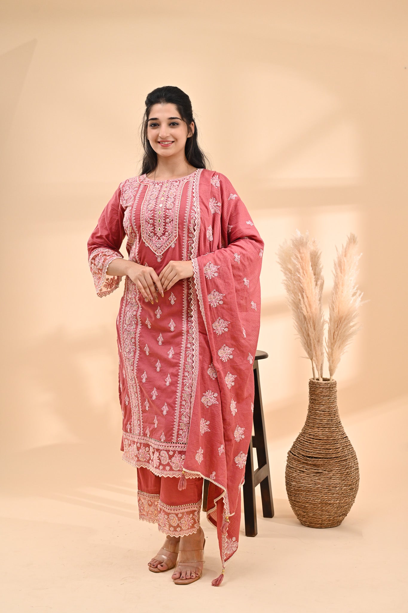 Rose-Pink Cotton Chikankari Readymade Set Sterling House