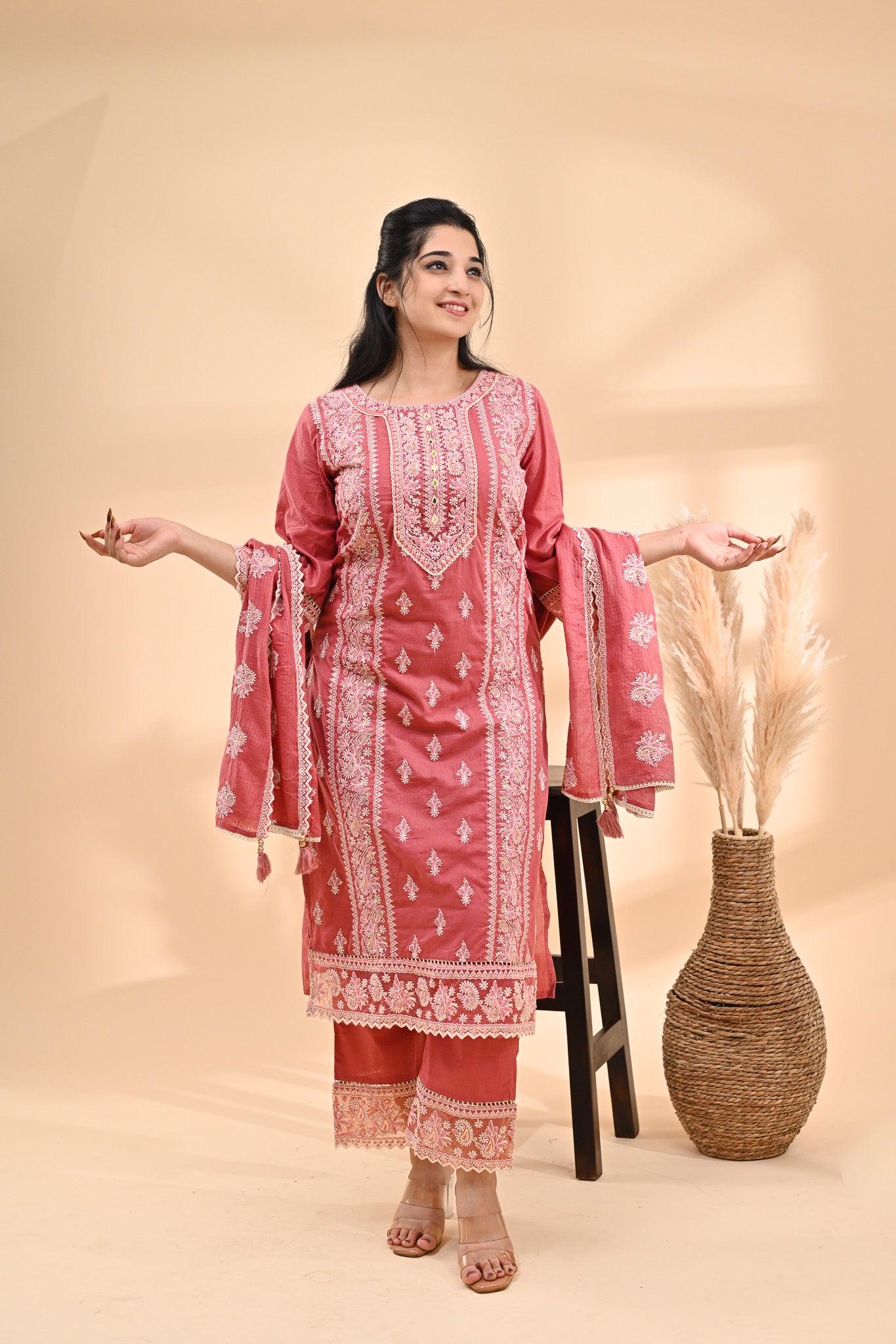 Rose-Pink Cotton Chikankari Readymade Set Sterling House