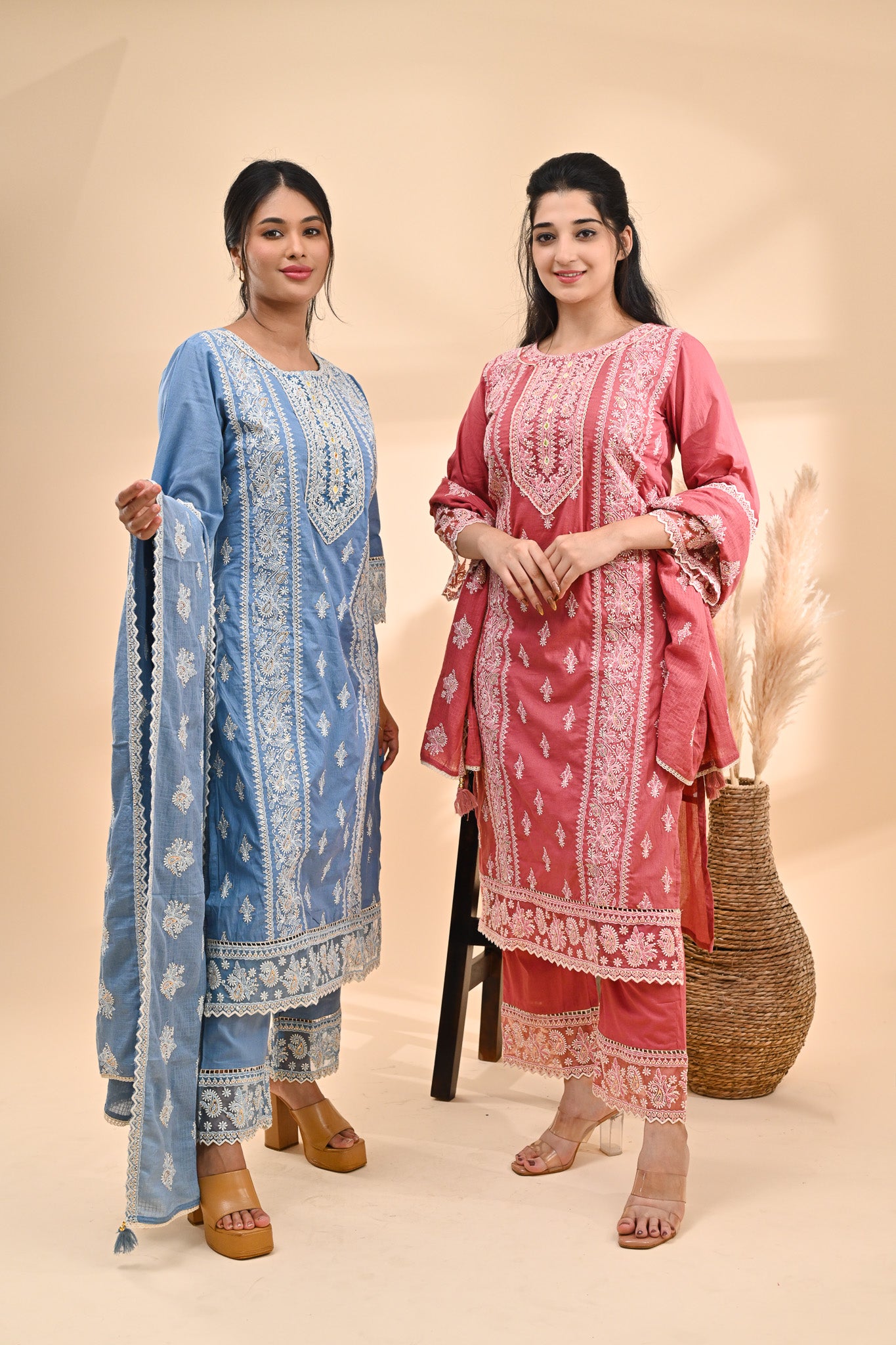 Rose-Pink Cotton Chikankari Readymade Set Sterling House