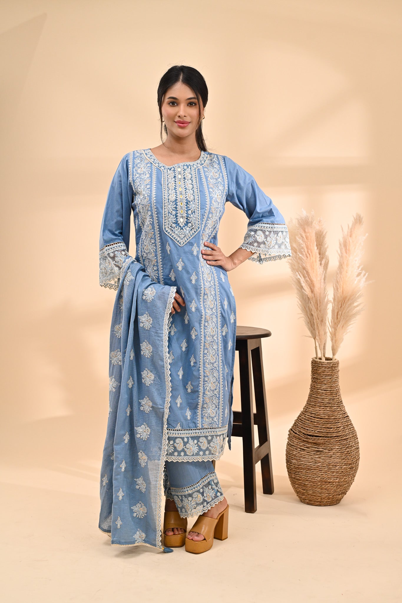 Powder-Blue Cotton Chikankari Readymade Set Sterling House