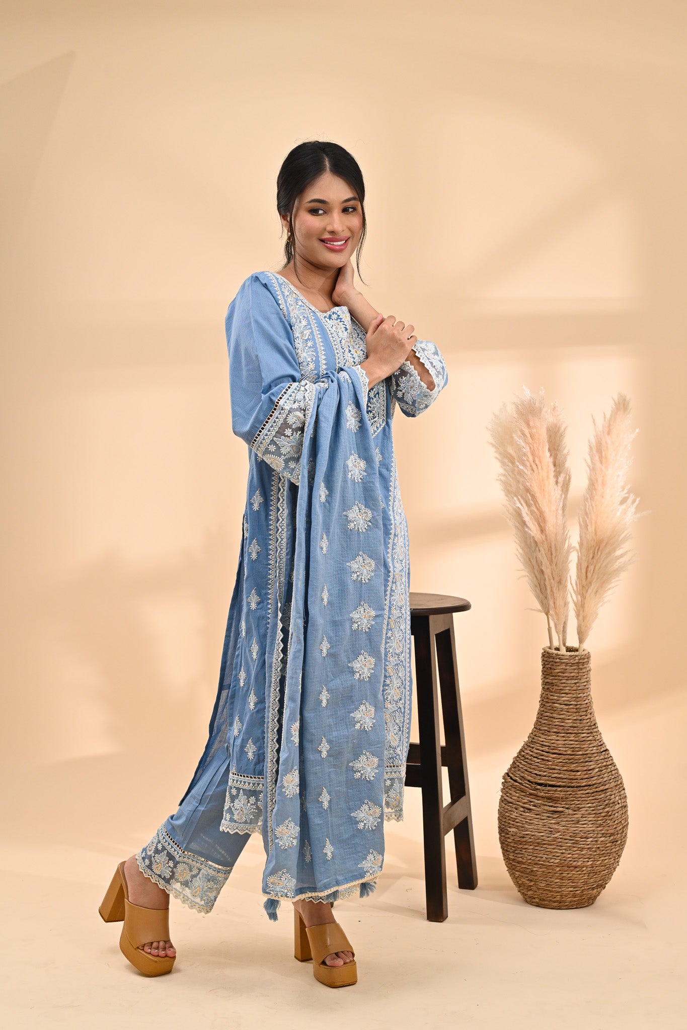 Powder-Blue Cotton Chikankari Readymade Set Sterling House