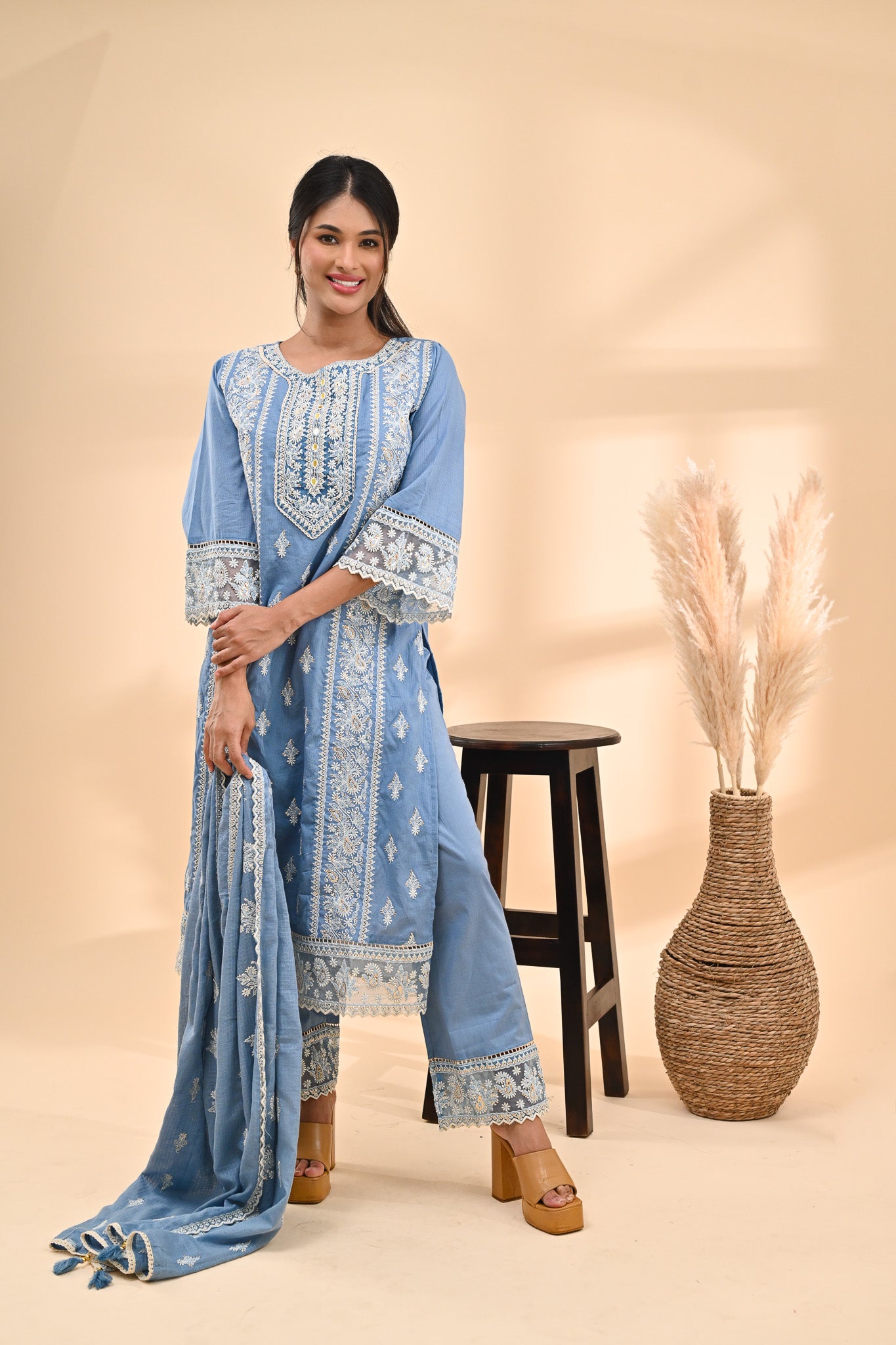 Powder-Blue Cotton Chikankari Readymade Set Sterling House