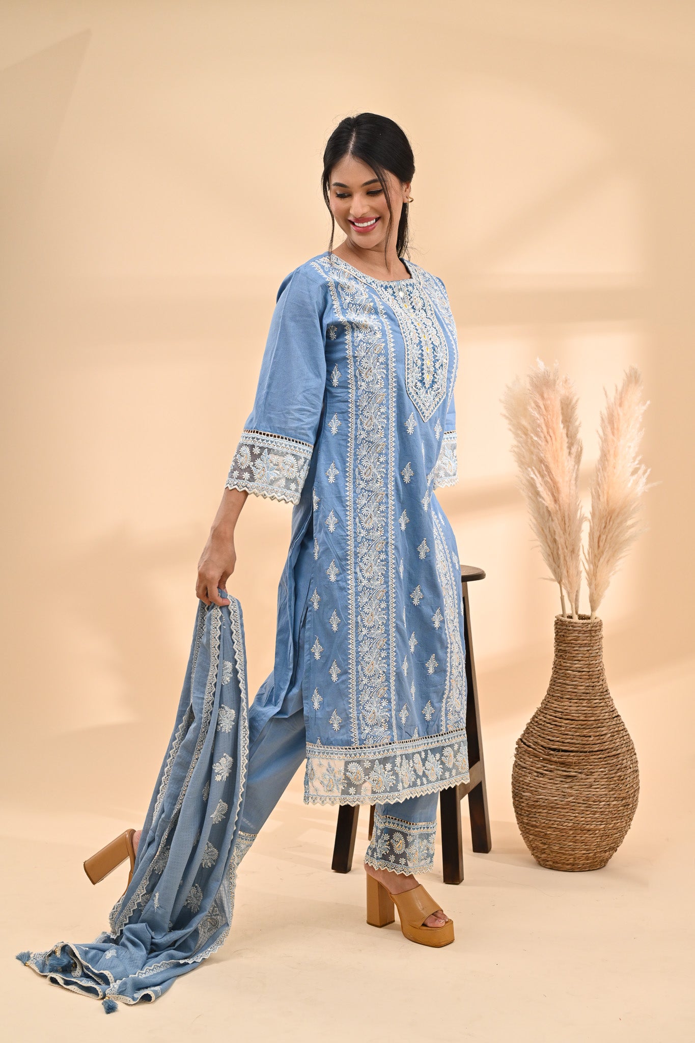 Powder-Blue Cotton Chikankari Readymade Set Sterling House