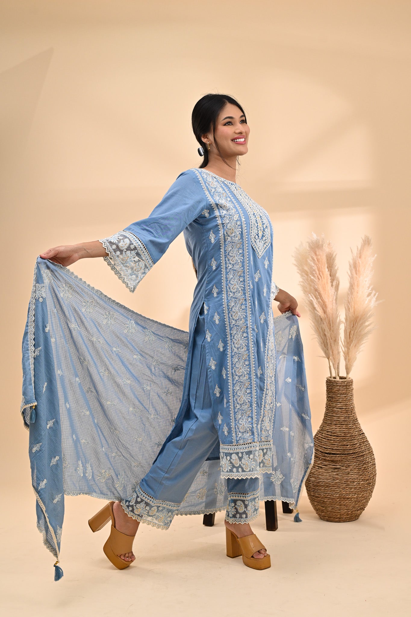 Powder-Blue Cotton Chikankari Readymade Set Sterling House