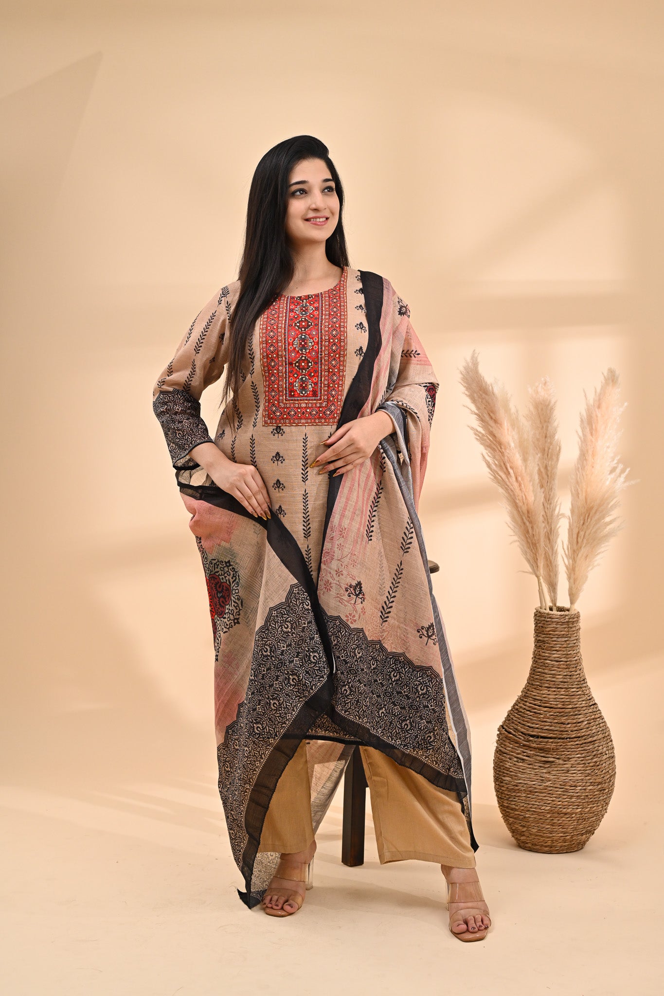 Beige Printed Cotton Readymade Set Sterling House