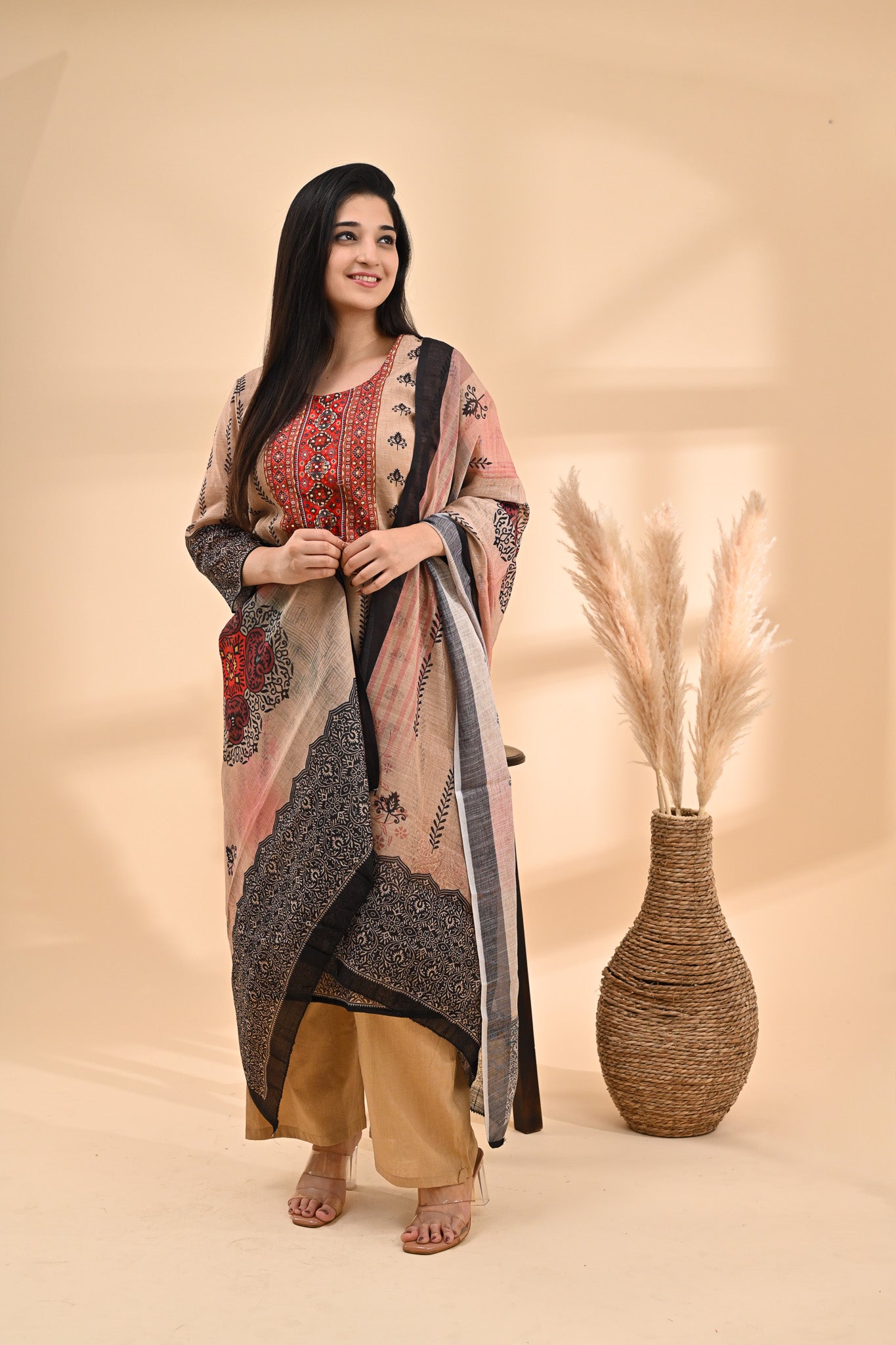 Beige Printed Cotton Readymade Set Sterling House