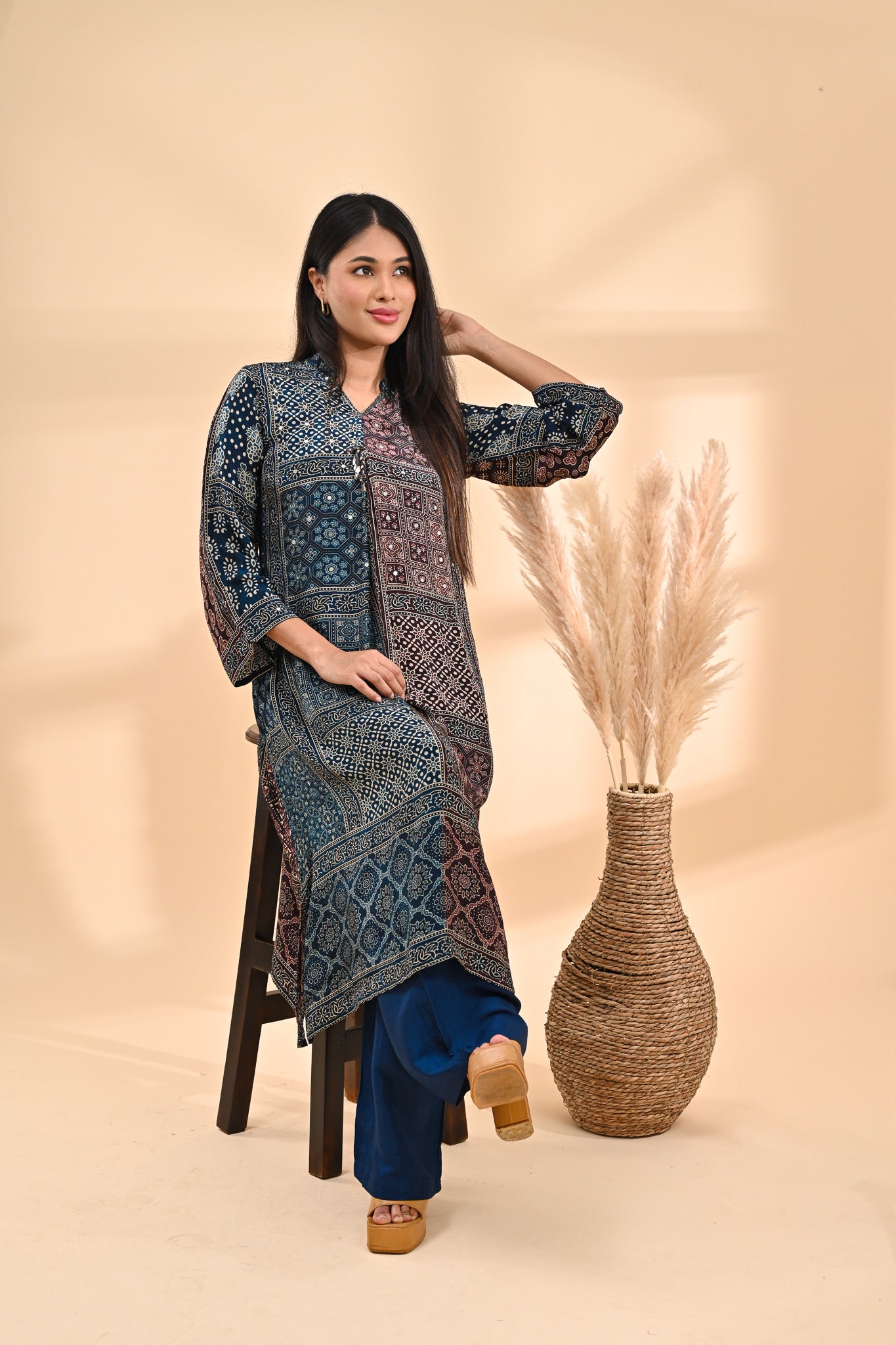 Deep Indigo Modal Ajrak Print Readymade Set Sterling House