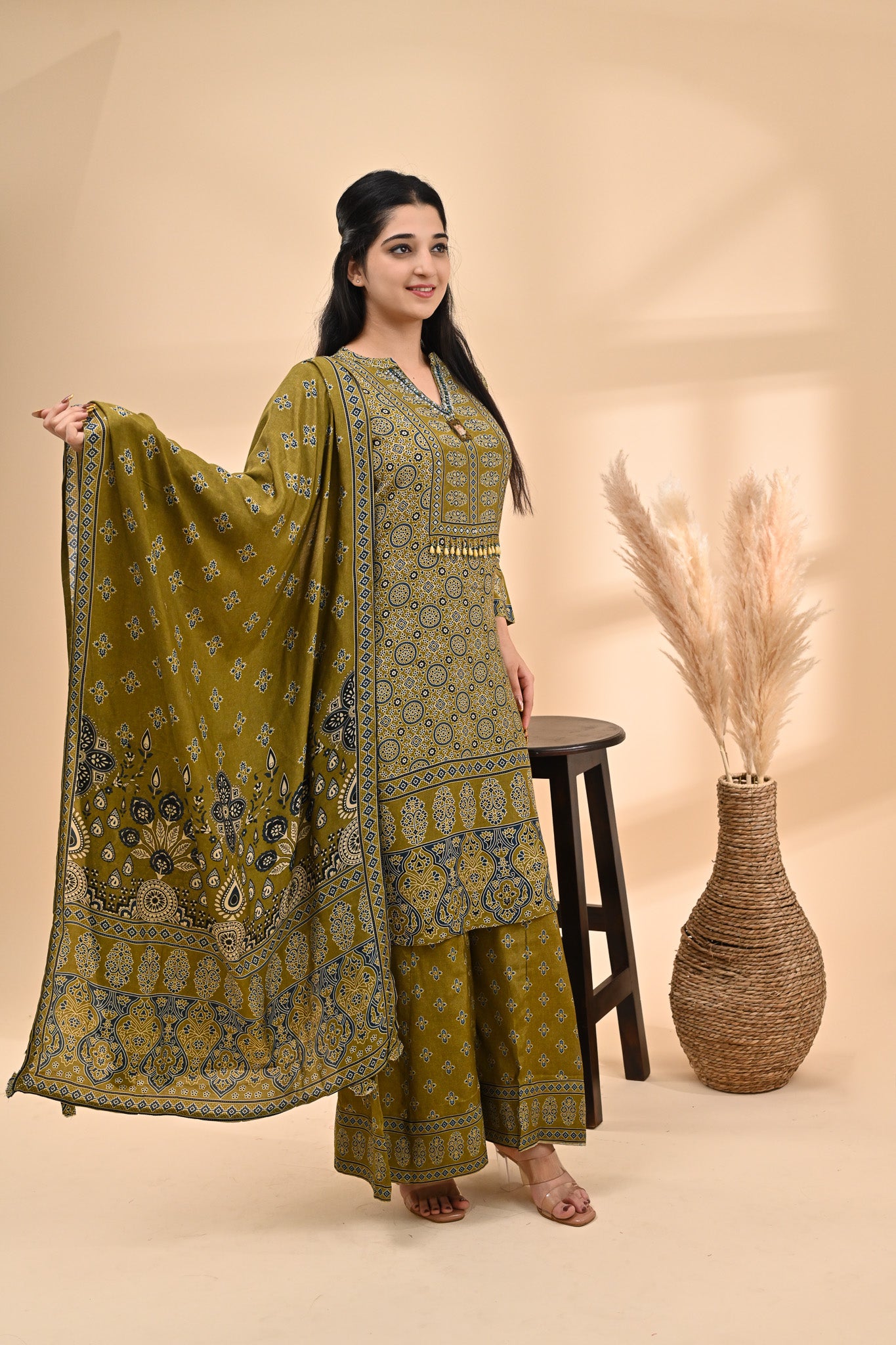 Olive-green Modal Ajrak  Readymade Set Sterling House