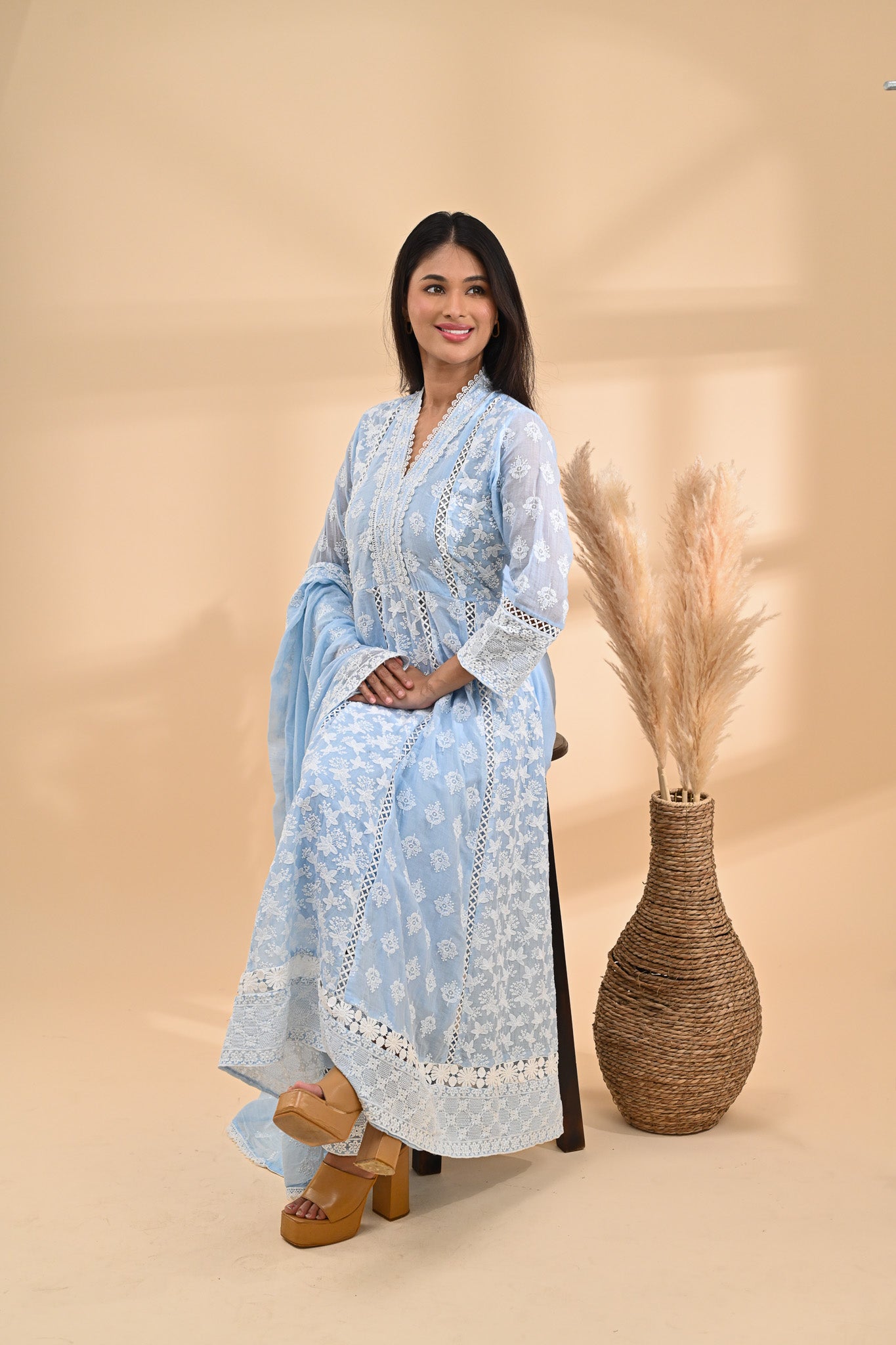Powder-blue Cotton Anarkali Readymade Set Sterling House