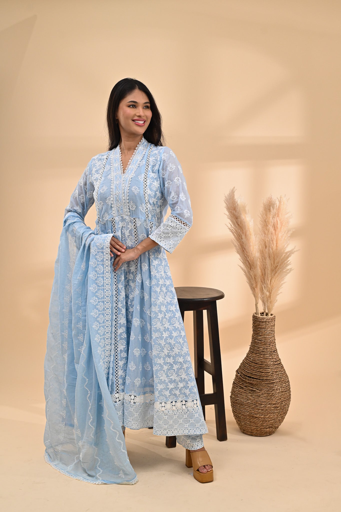 Powder-blue Cotton Anarkali Readymade Set Sterling House