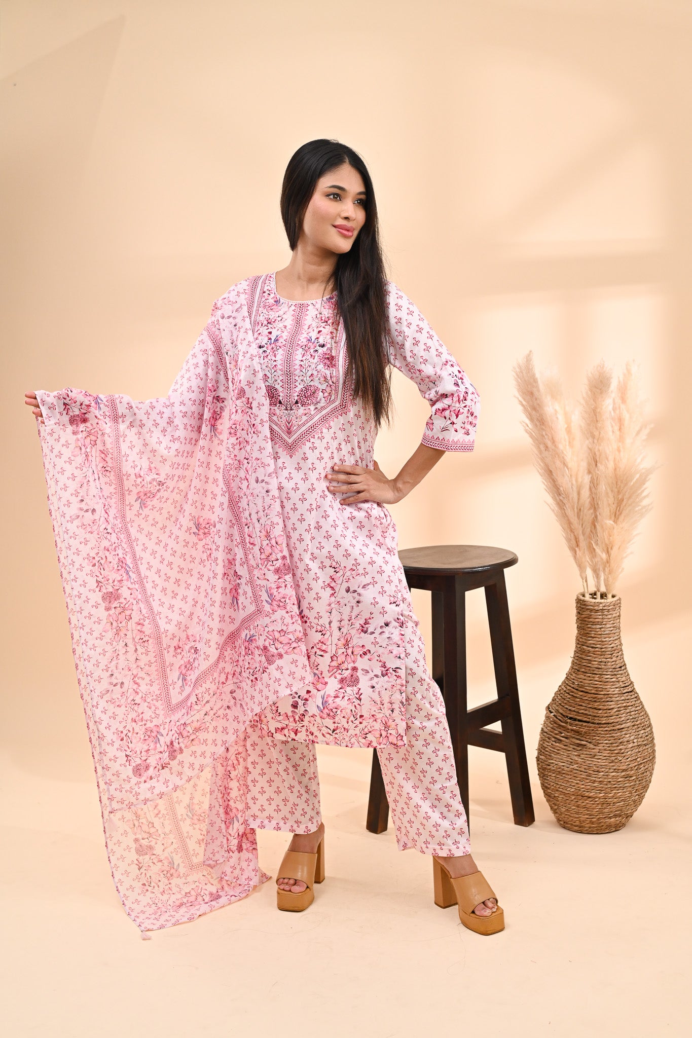 Baby-pink Cotton Printed Readymade set Sterling House