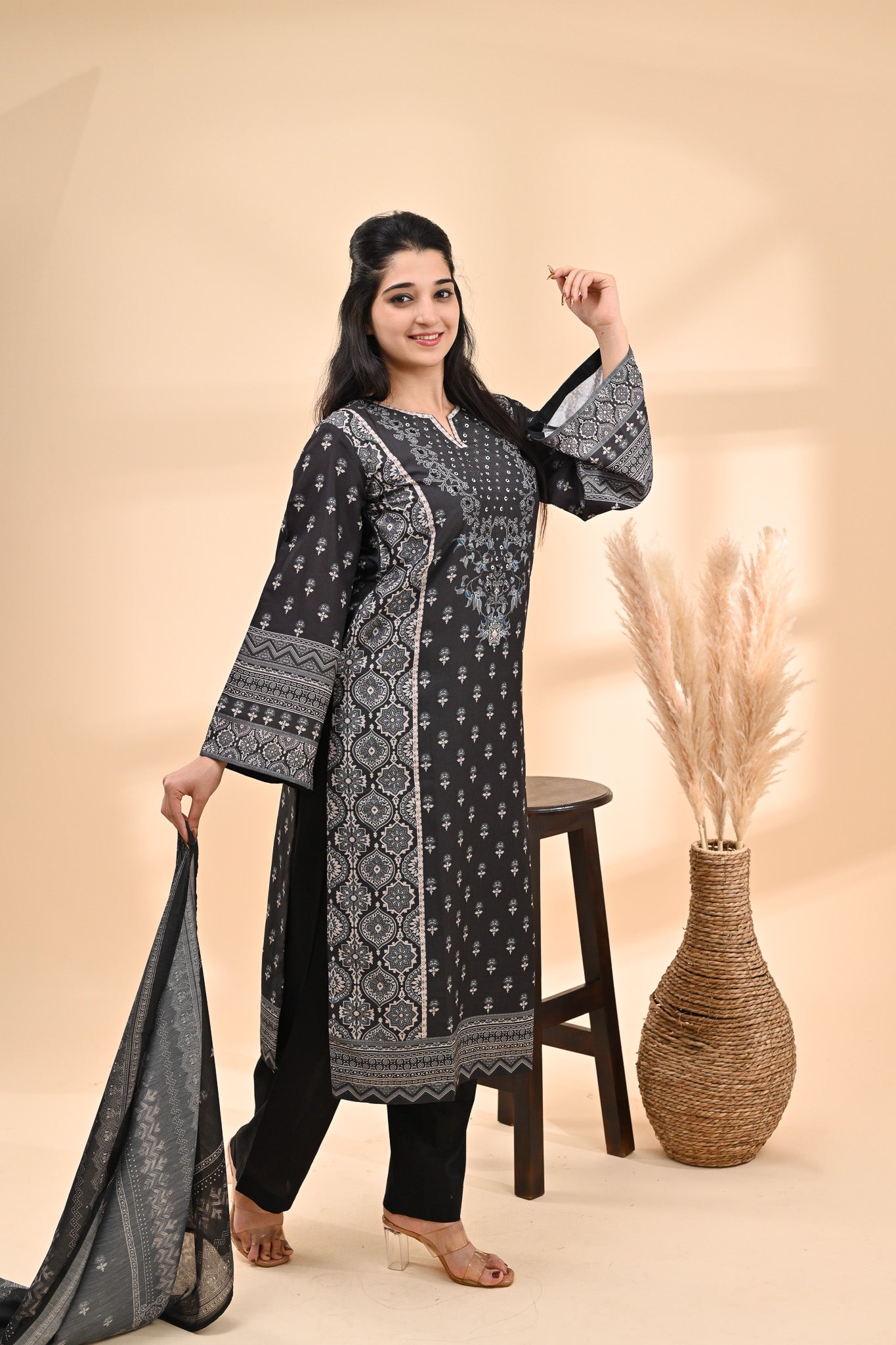 Charcoal black Muslin Readymade Set Sterling House