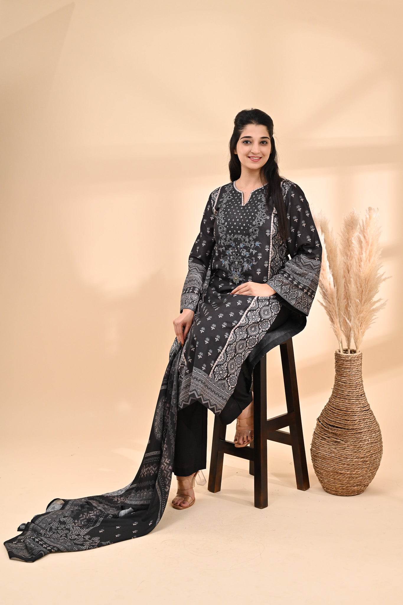 Charcoal black Muslin Readymade Set Sterling House