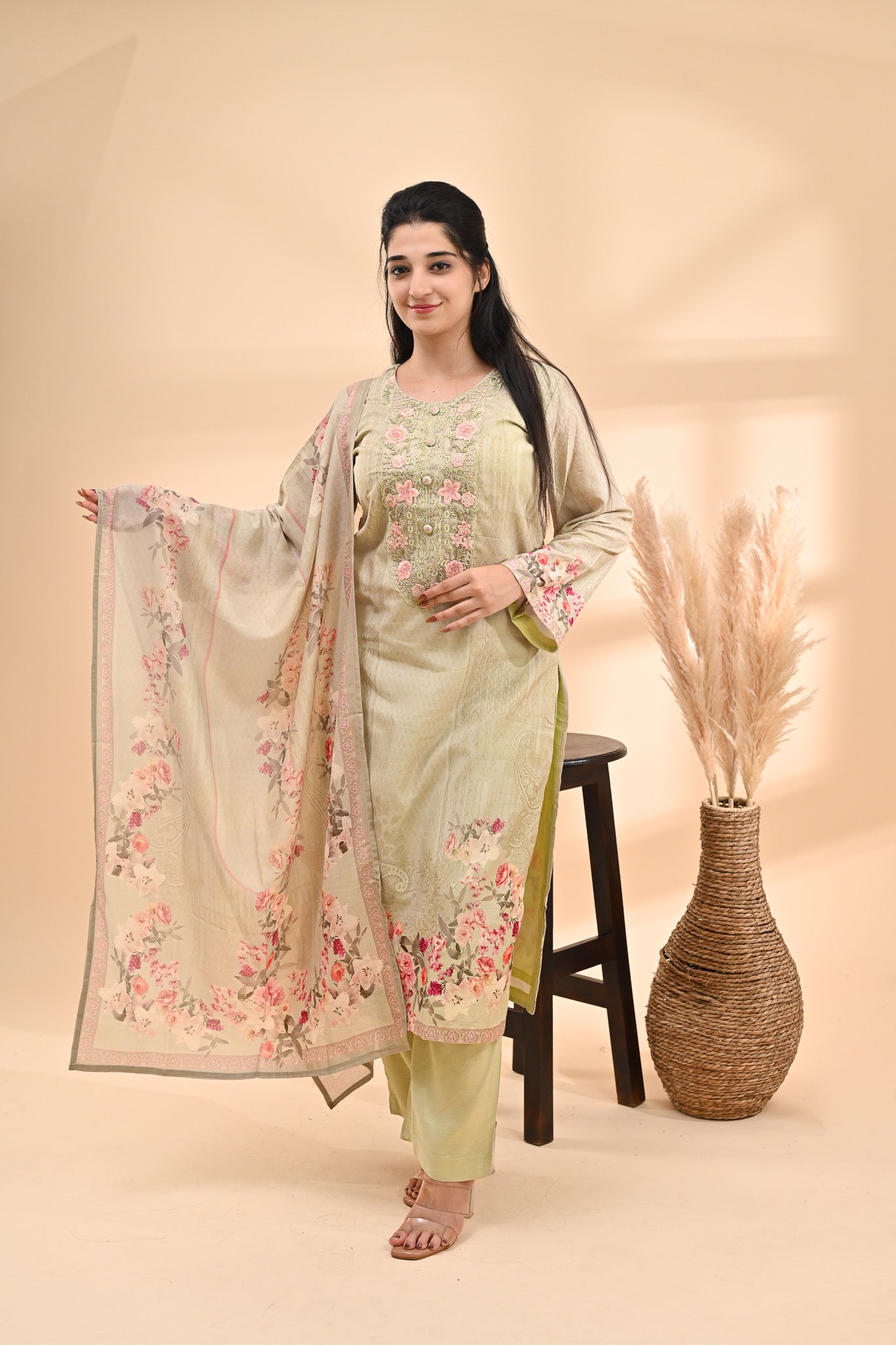 Sage-green Muslin Readymade Set Sterling House