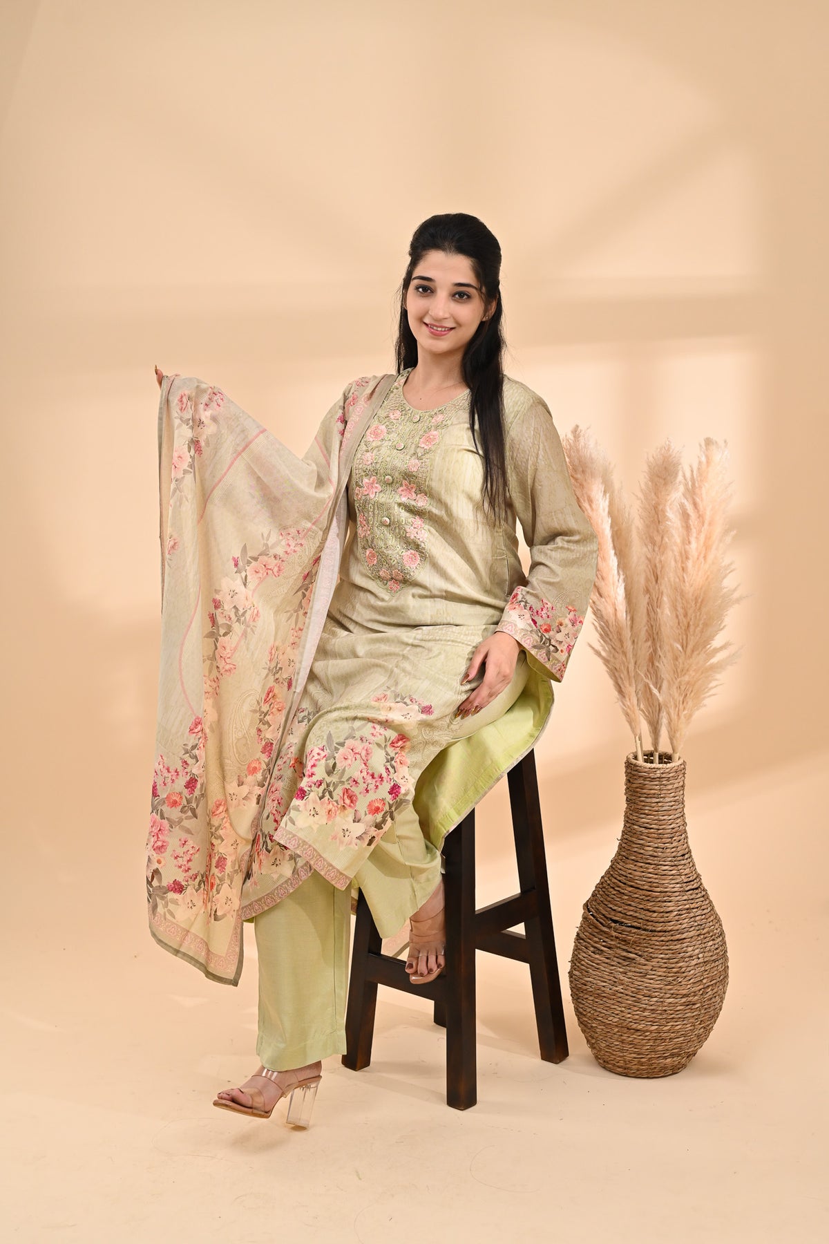 Sage-green Muslin Readymade Set Sterling House
