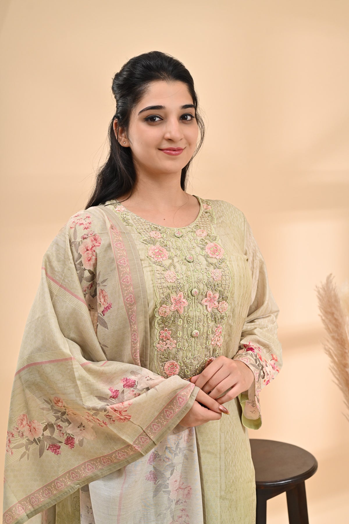 Sage-green Muslin Readymade Set Sterling House