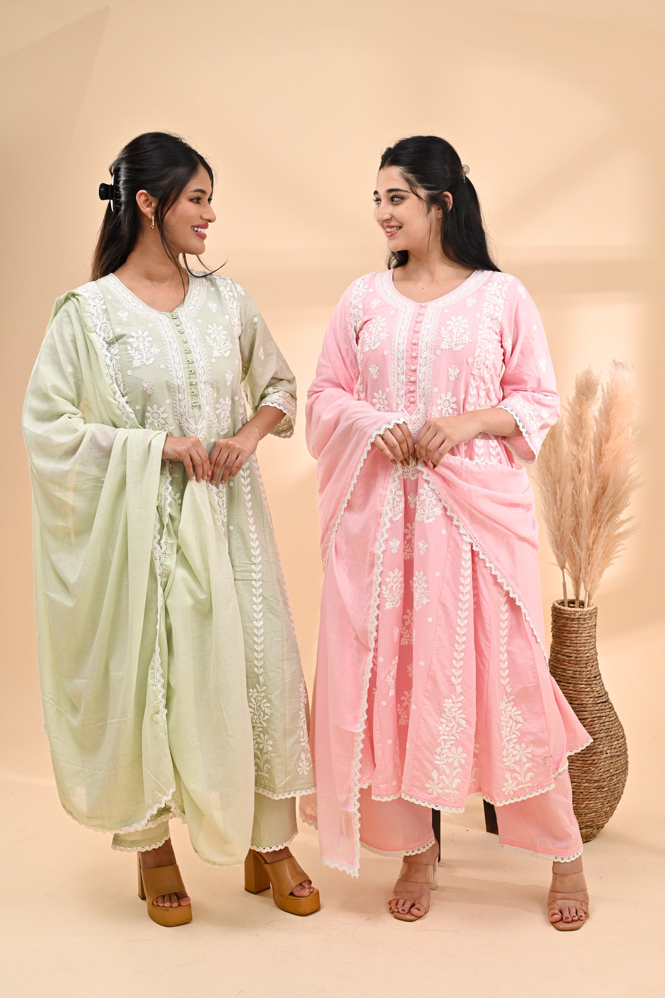 Pastel Green Anarkali Cotton Readymade Set Sterling House