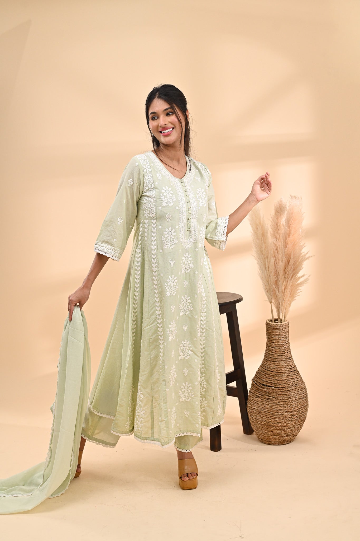 Pastel Green Anarkali Cotton Readymade Set Sterling House