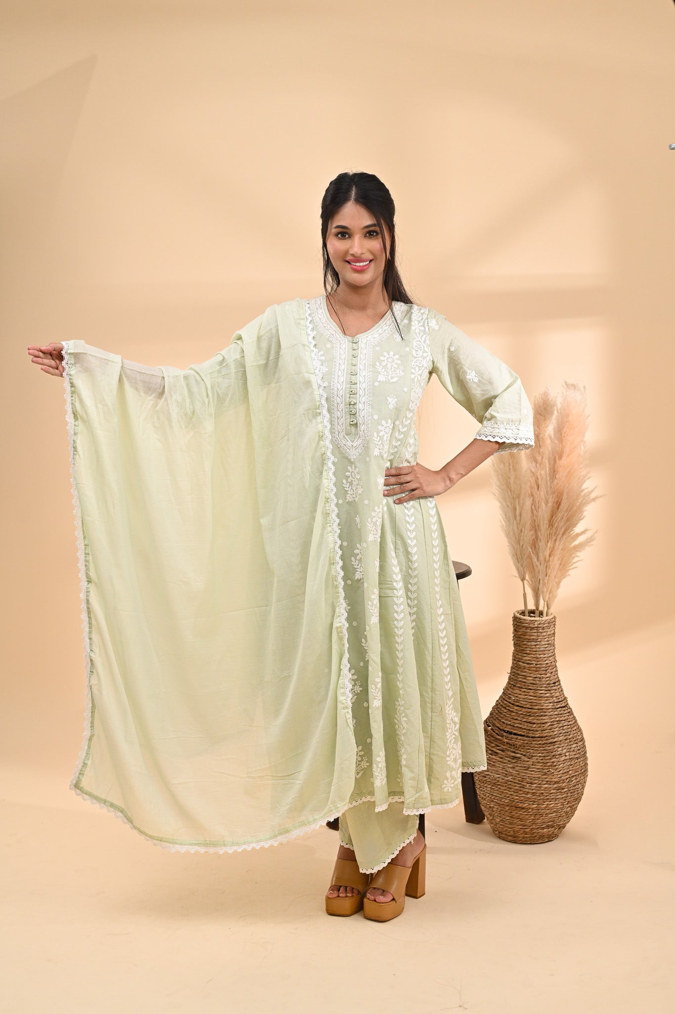Pastel Green Anarkali Cotton Readymade Set Sterling House