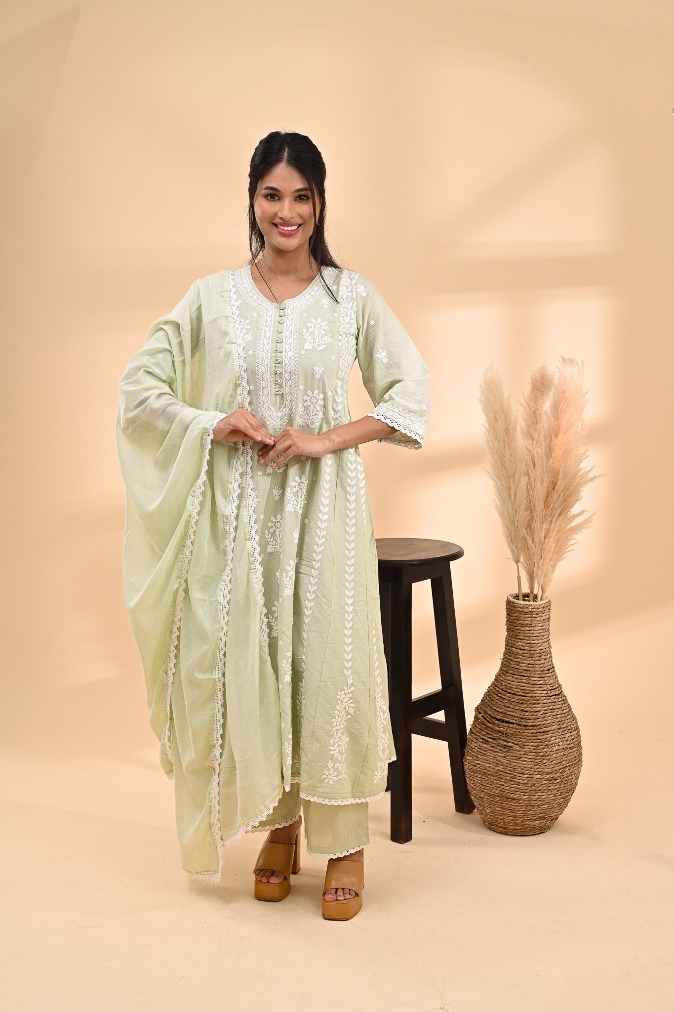 Pastel Green Anarkali Cotton Readymade Set Sterling House