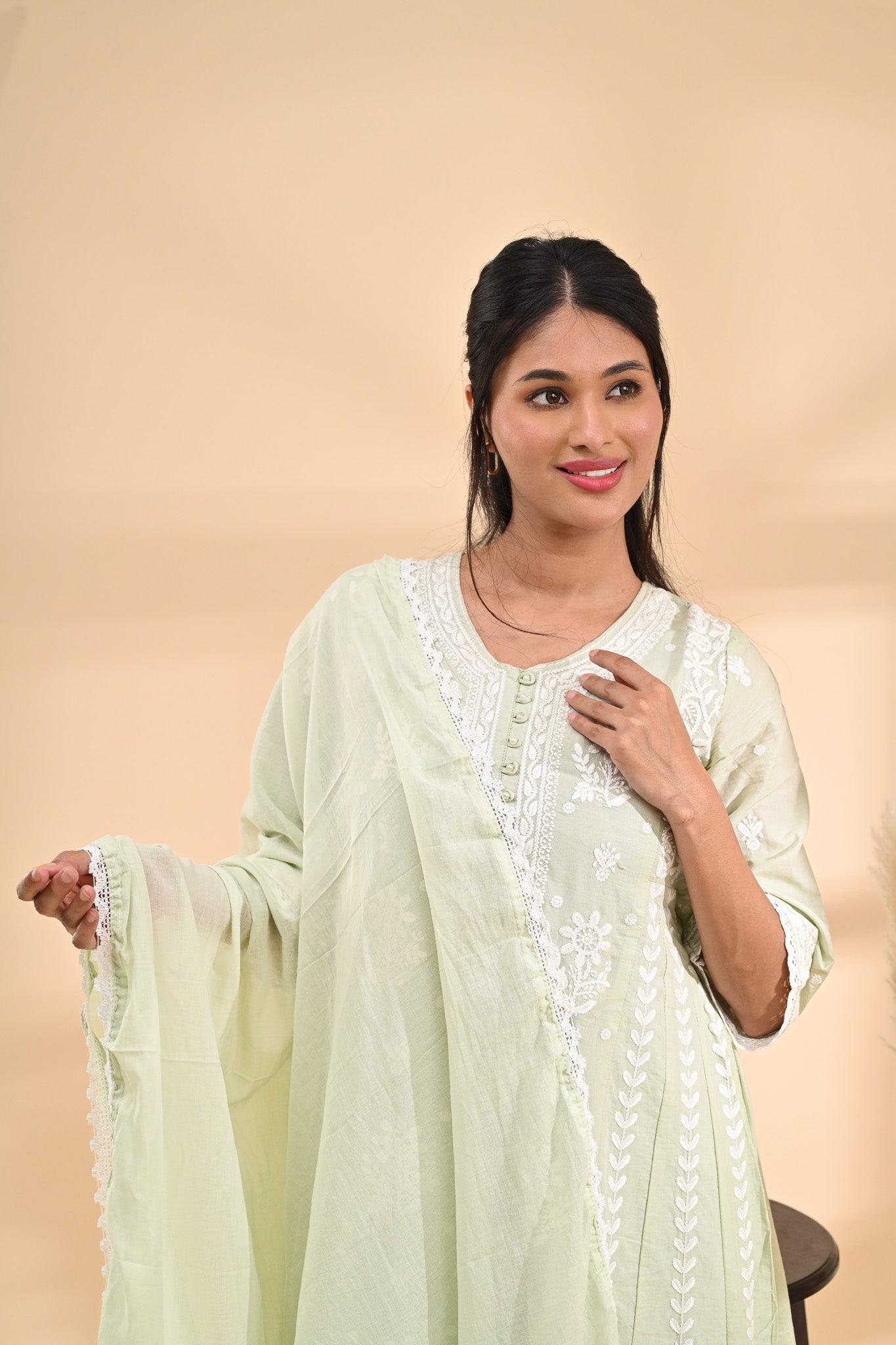 Pastel Green Anarkali Cotton Readymade Set Sterling House