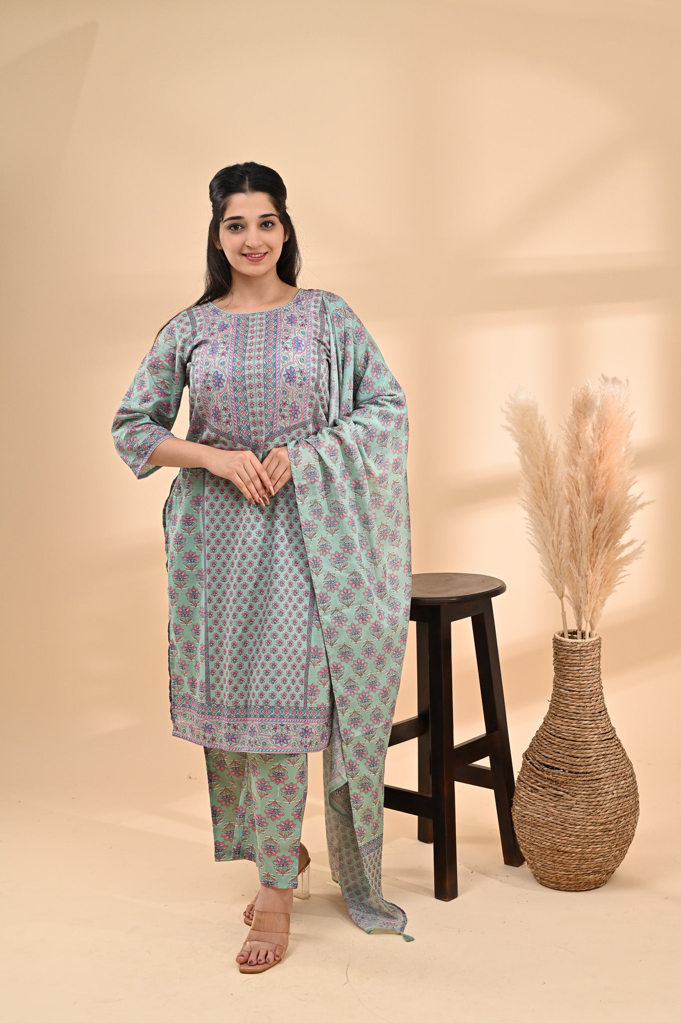Sea-green Printed Cotton Readymade Set Sterling House