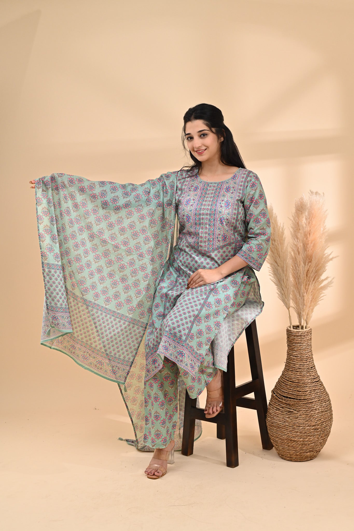 Sea-green Printed Cotton Readymade Set Sterling House