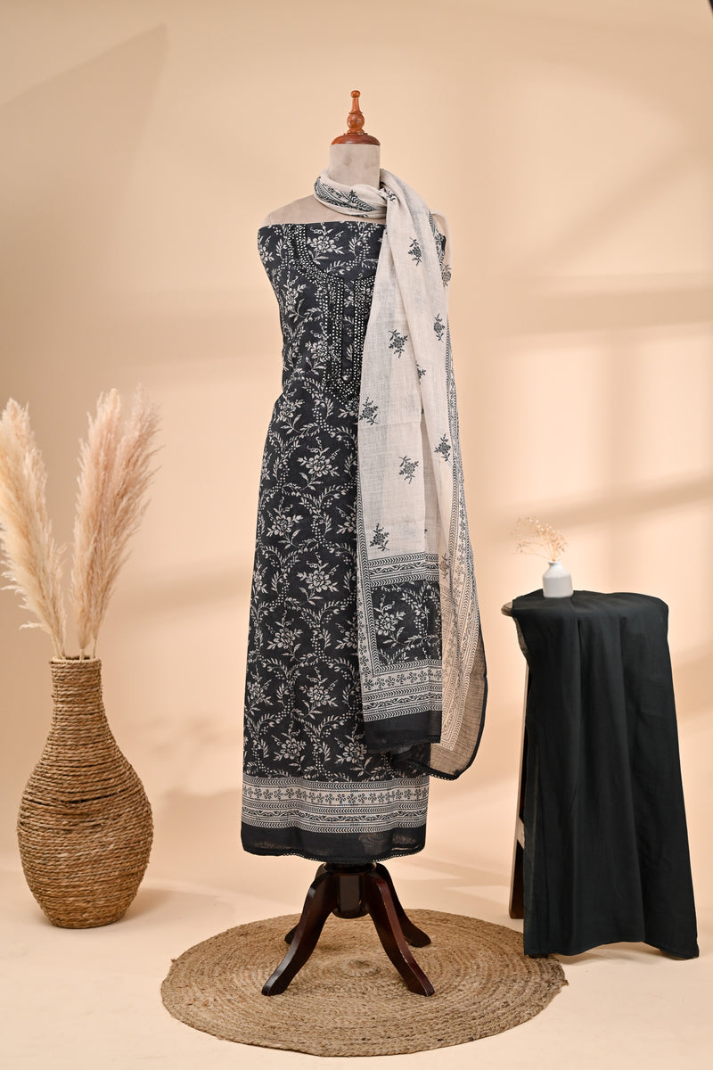 Black Linen Cotton Unstitched Suit Sterling House