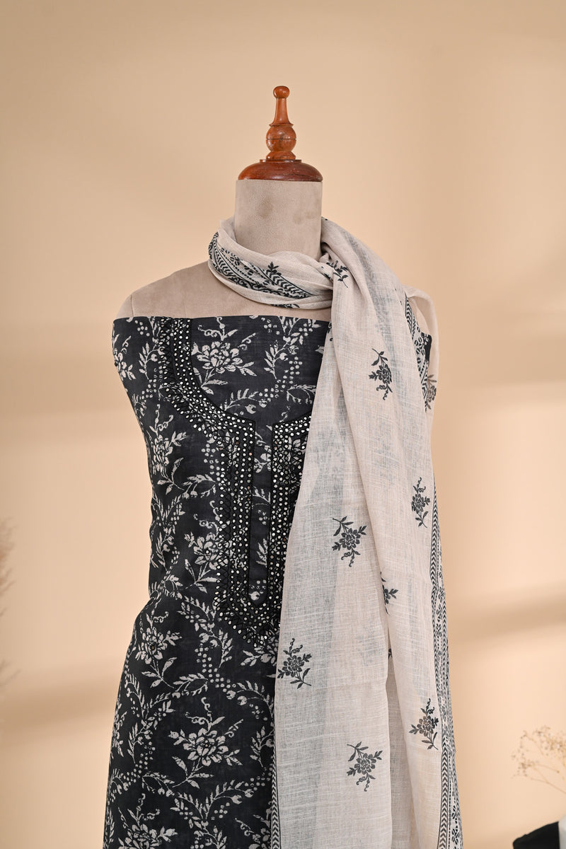 Black Linen Cotton Unstitched Suit Sterling House