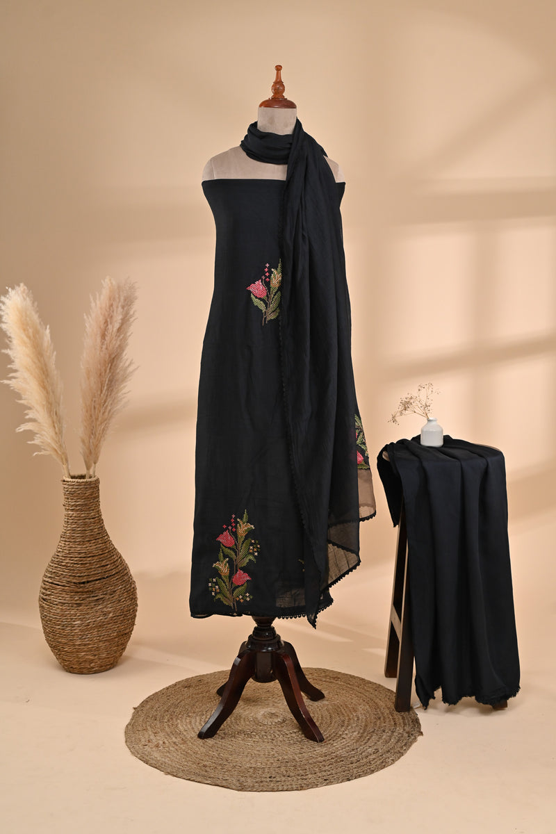 Black Cotton Unstitched Suit Sterling House