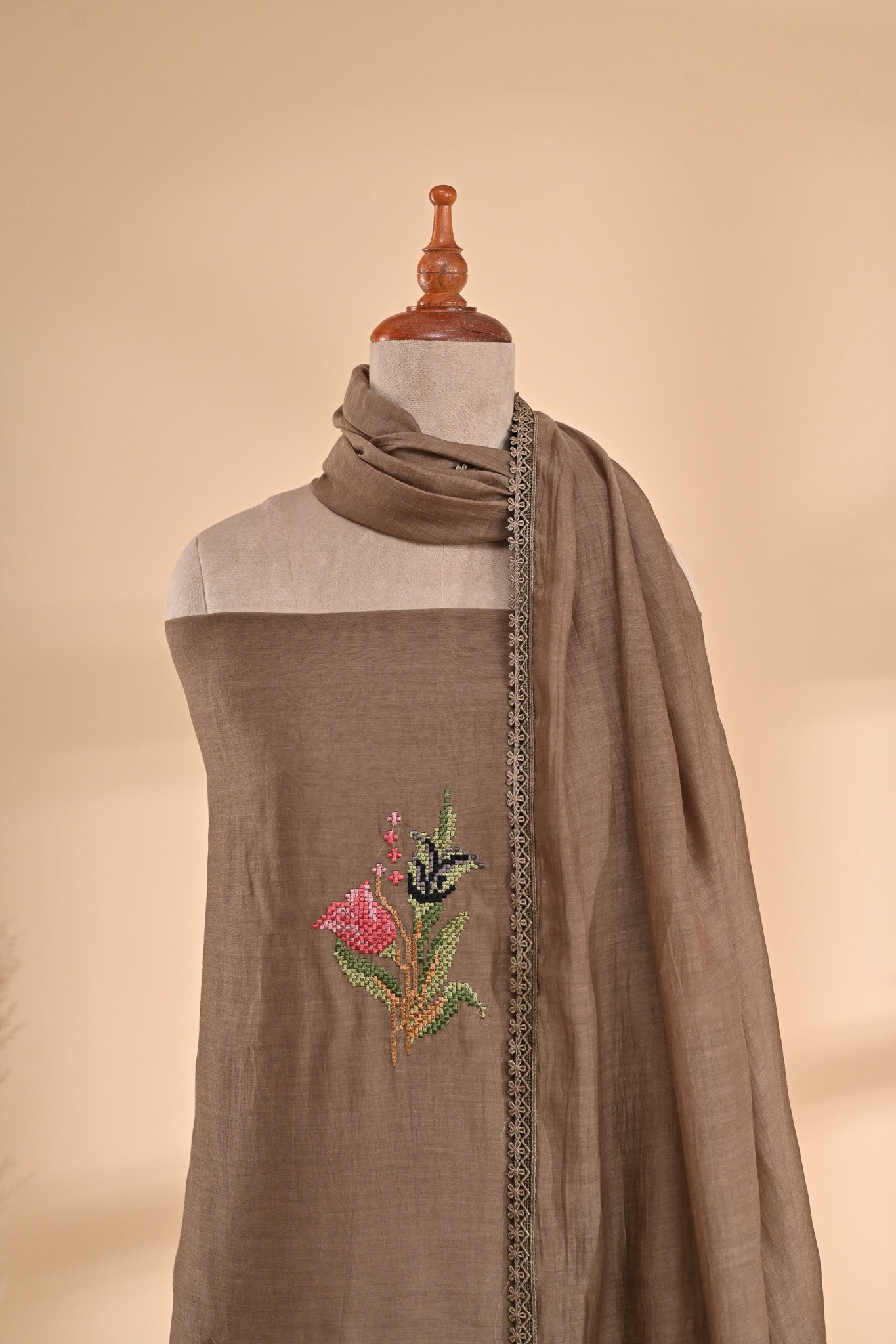 Taupe Brown Cotton Unstitched Suit Set Sterling House