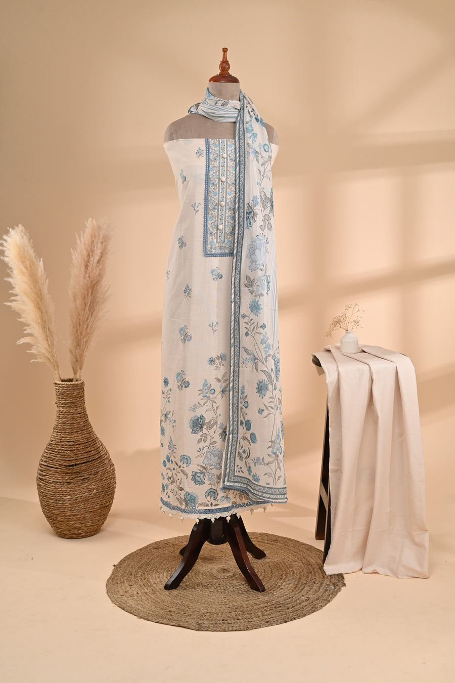 Off-White Printed Cotton Unstitched Suit