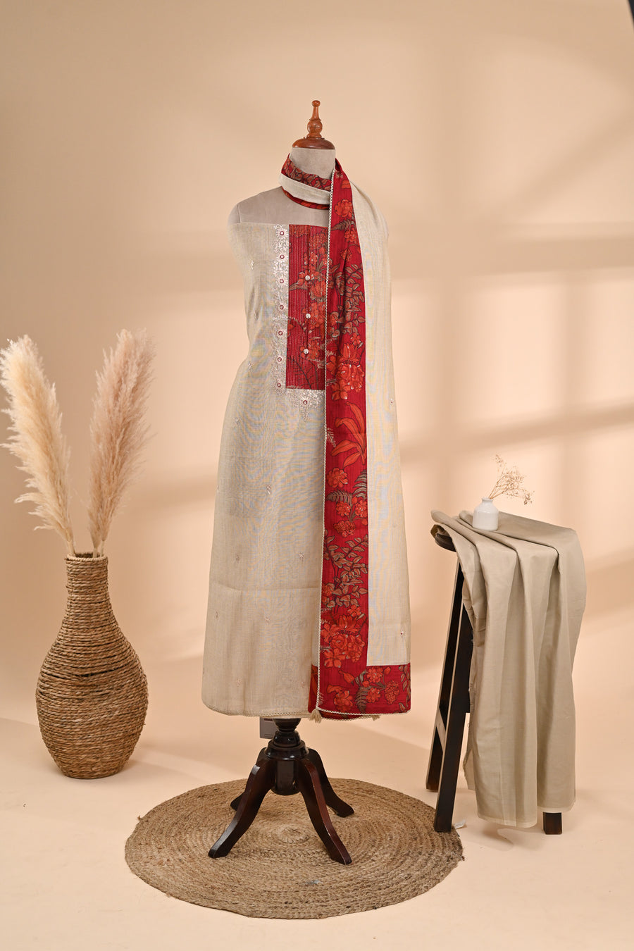 Beige Chinnon silk Unstitched Suit