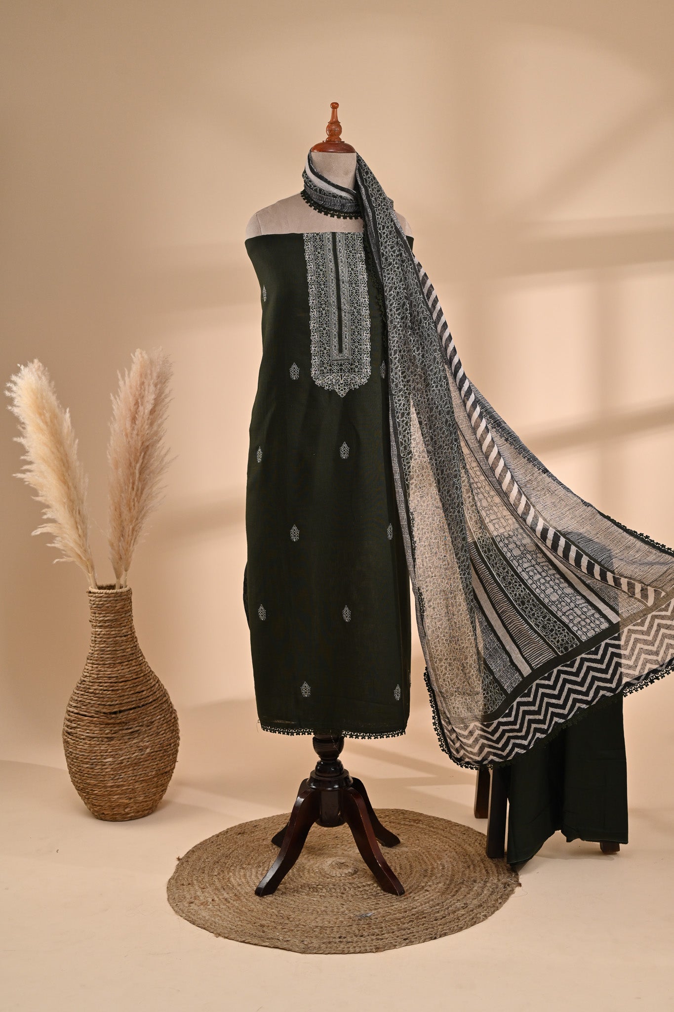 Olive Green Linen Cotton Unstitched Sterling House