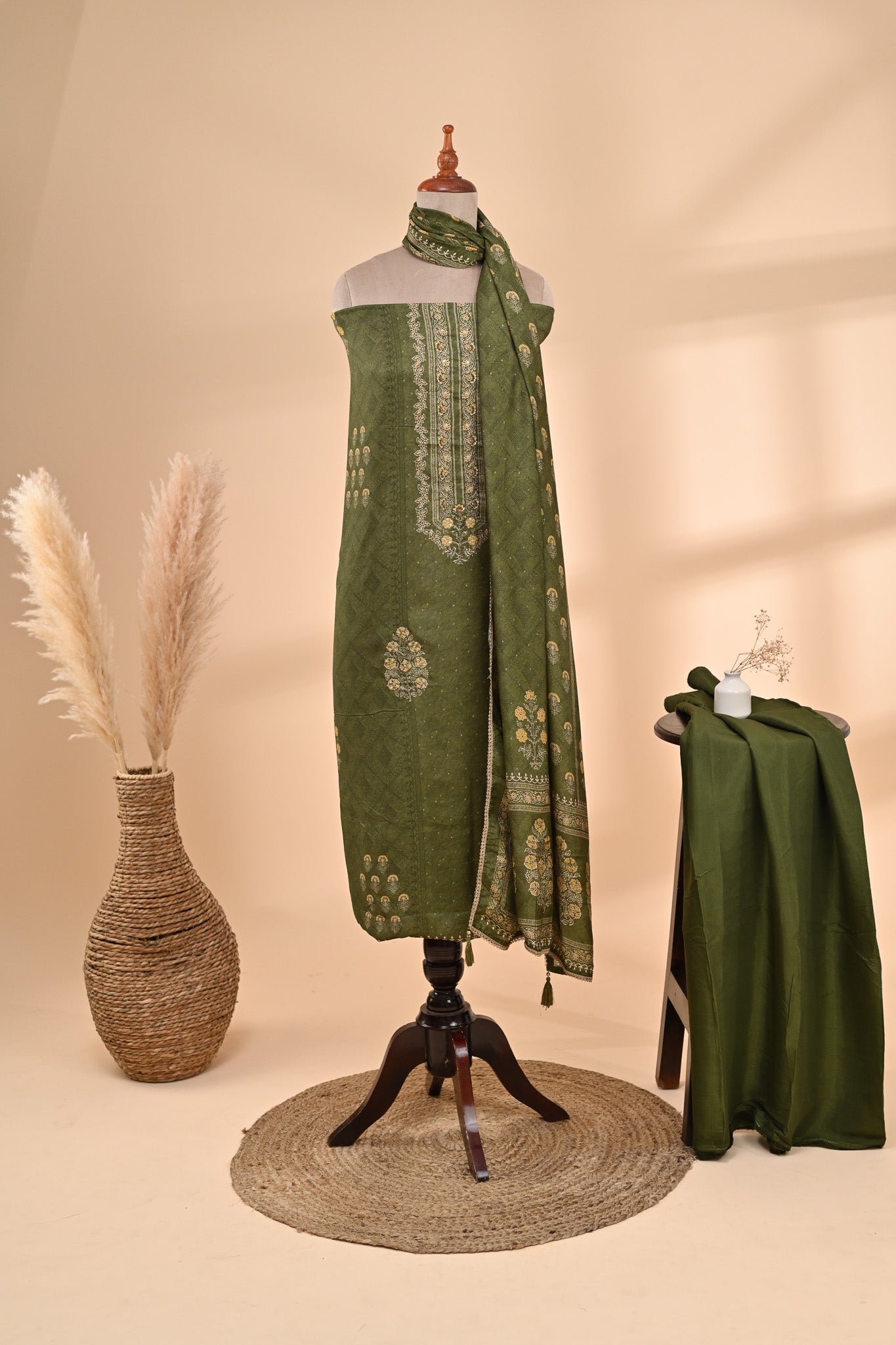 Olive Green Muslin Unstitched Suit Sterling House