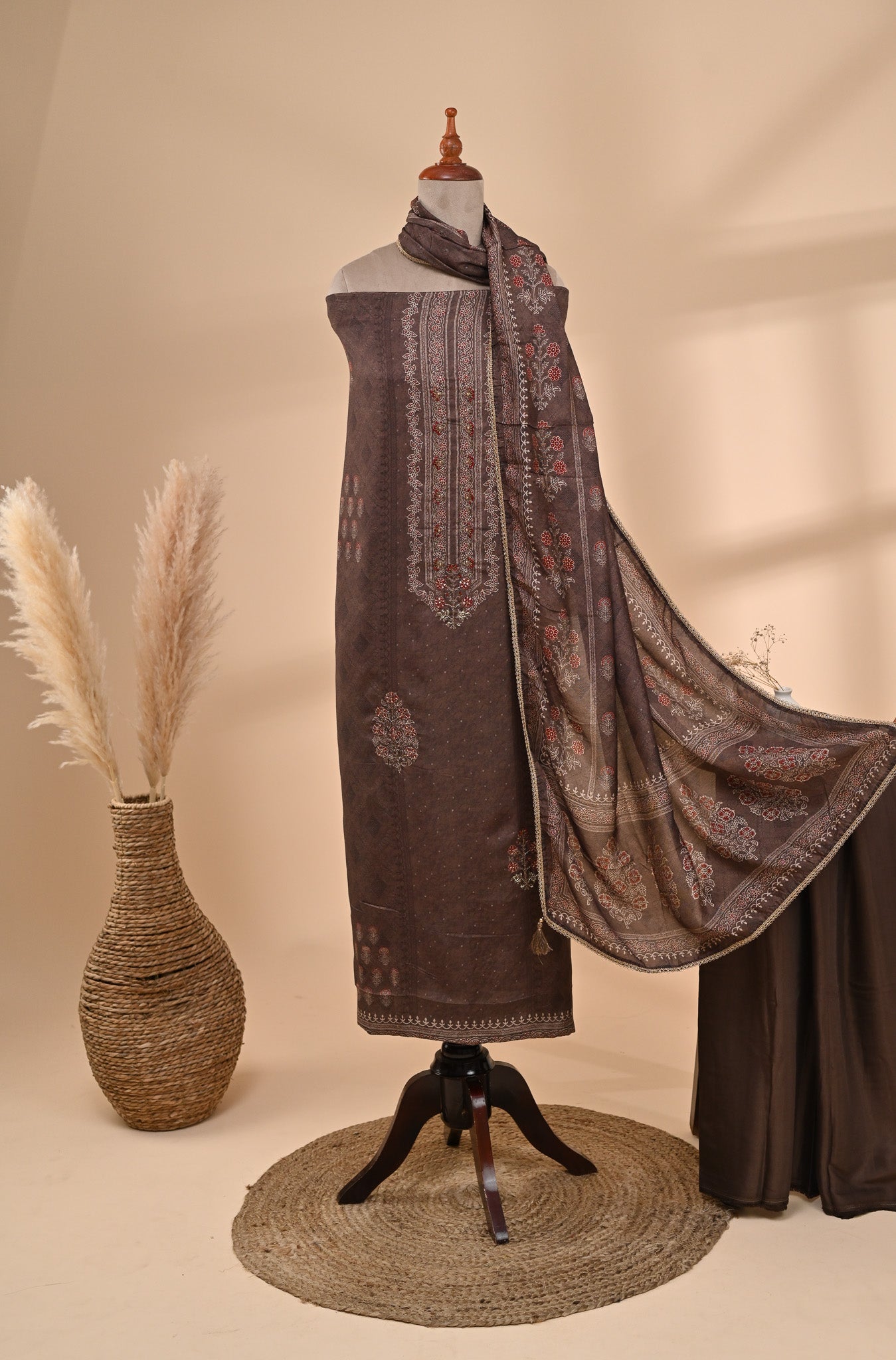 Dark Brown Muslin Unstitched Suit Sterling House
