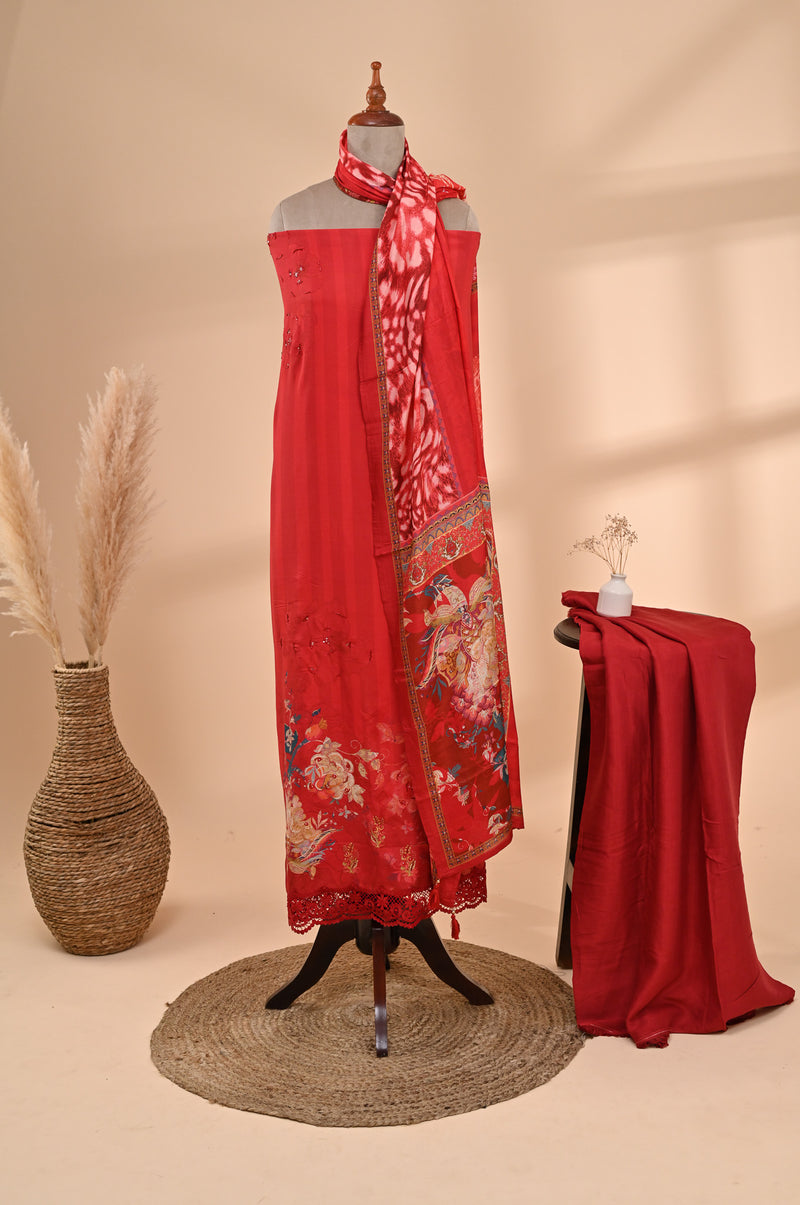 Vibrant Red Muslin Unstitched Suit Sterling House