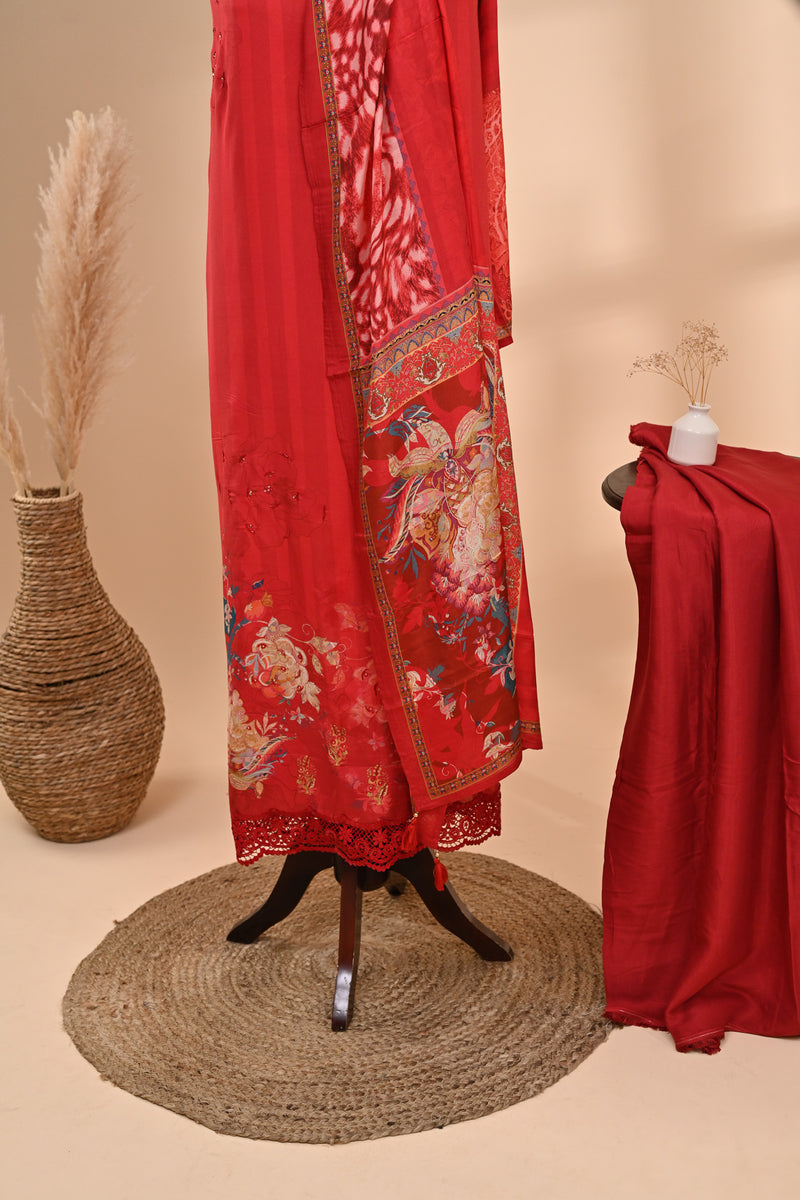 Vibrant Red Muslin Unstitched Suit Sterling House